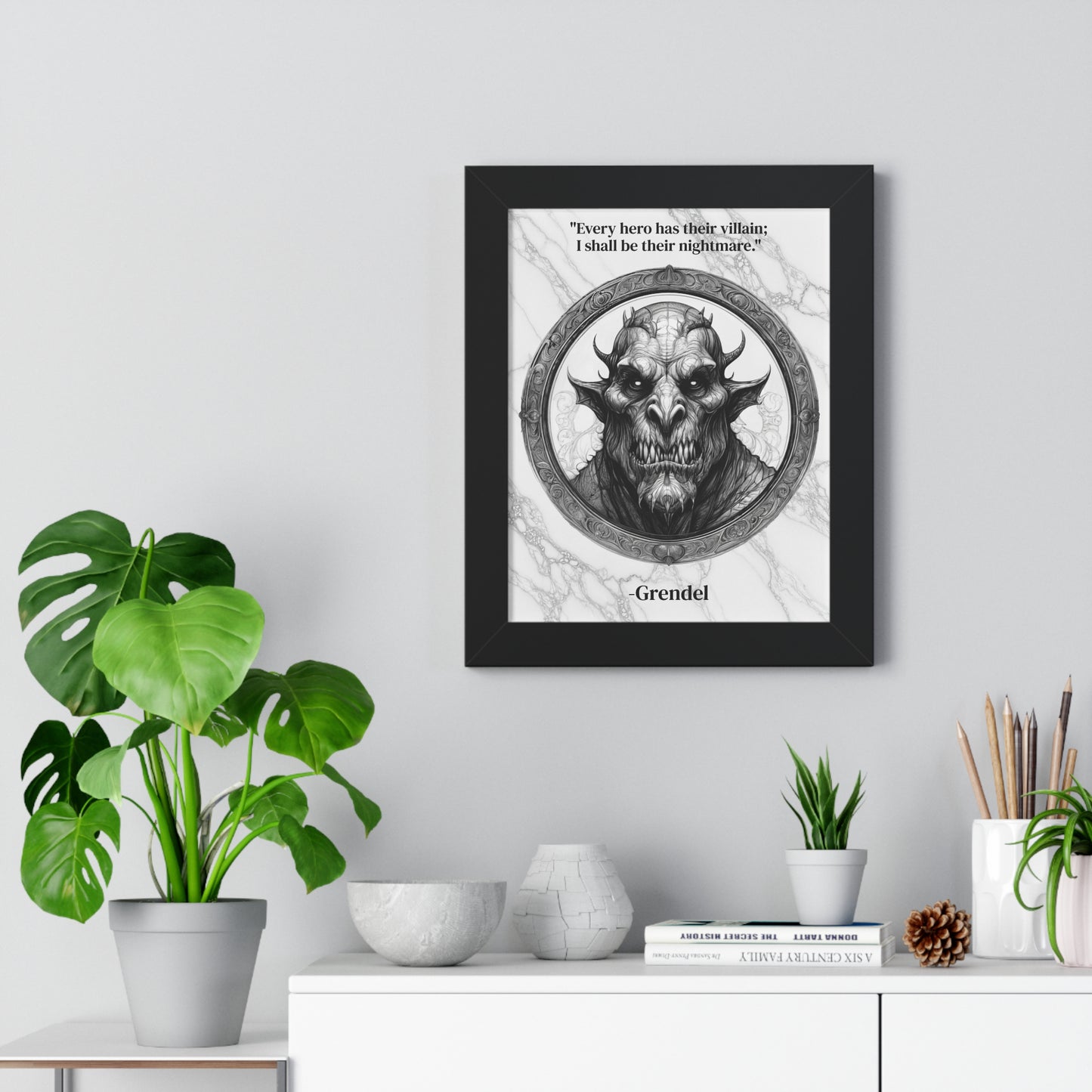 Grendel Dark Fantasy Horror Framed Wall Art Inspirational Quote for Legendary Epic Decor - Perfect Gift for Gothic Lovers Fans