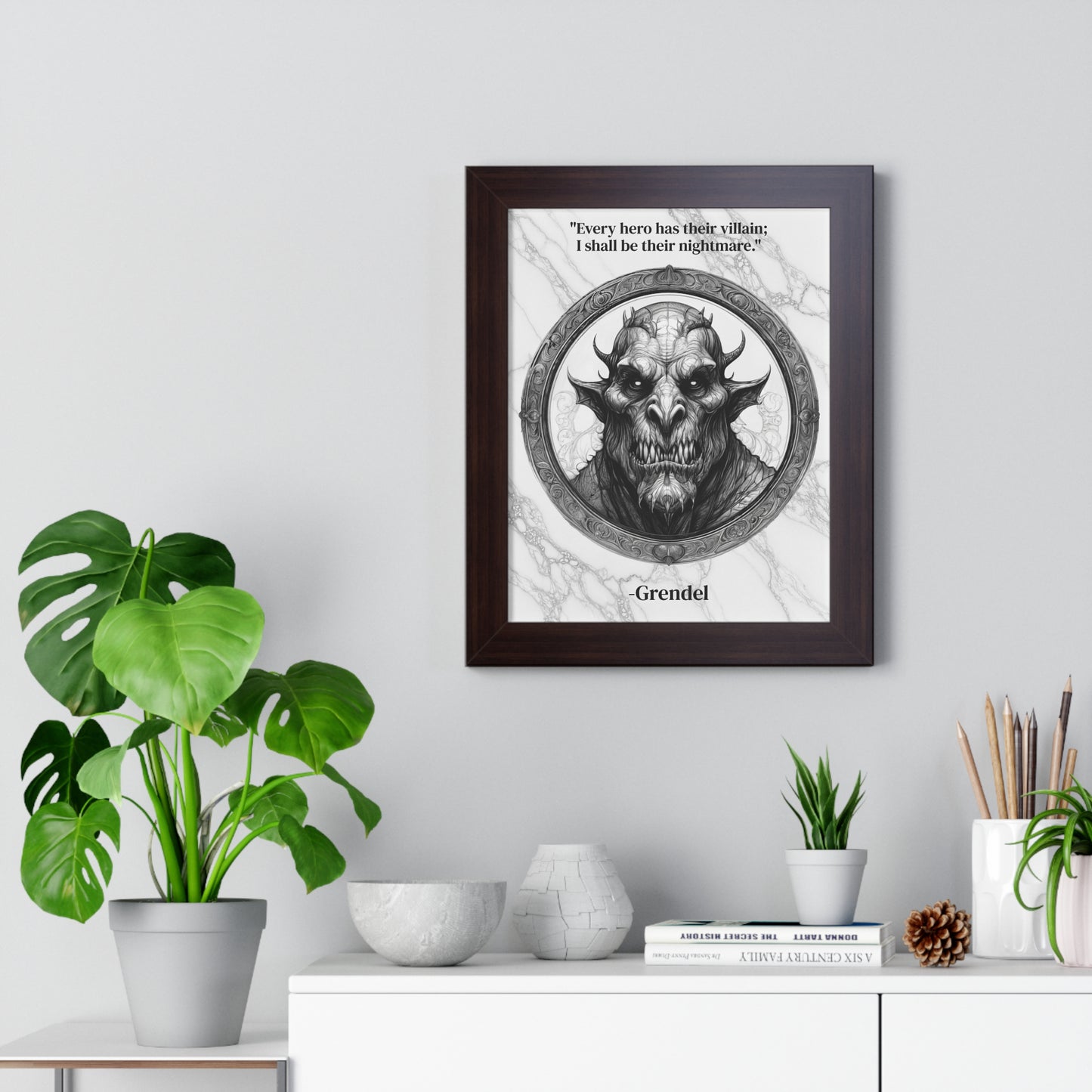 Grendel Dark Fantasy Horror Framed Wall Art Inspirational Quote for Legendary Epic Decor - Perfect Gift for Gothic Lovers Fans