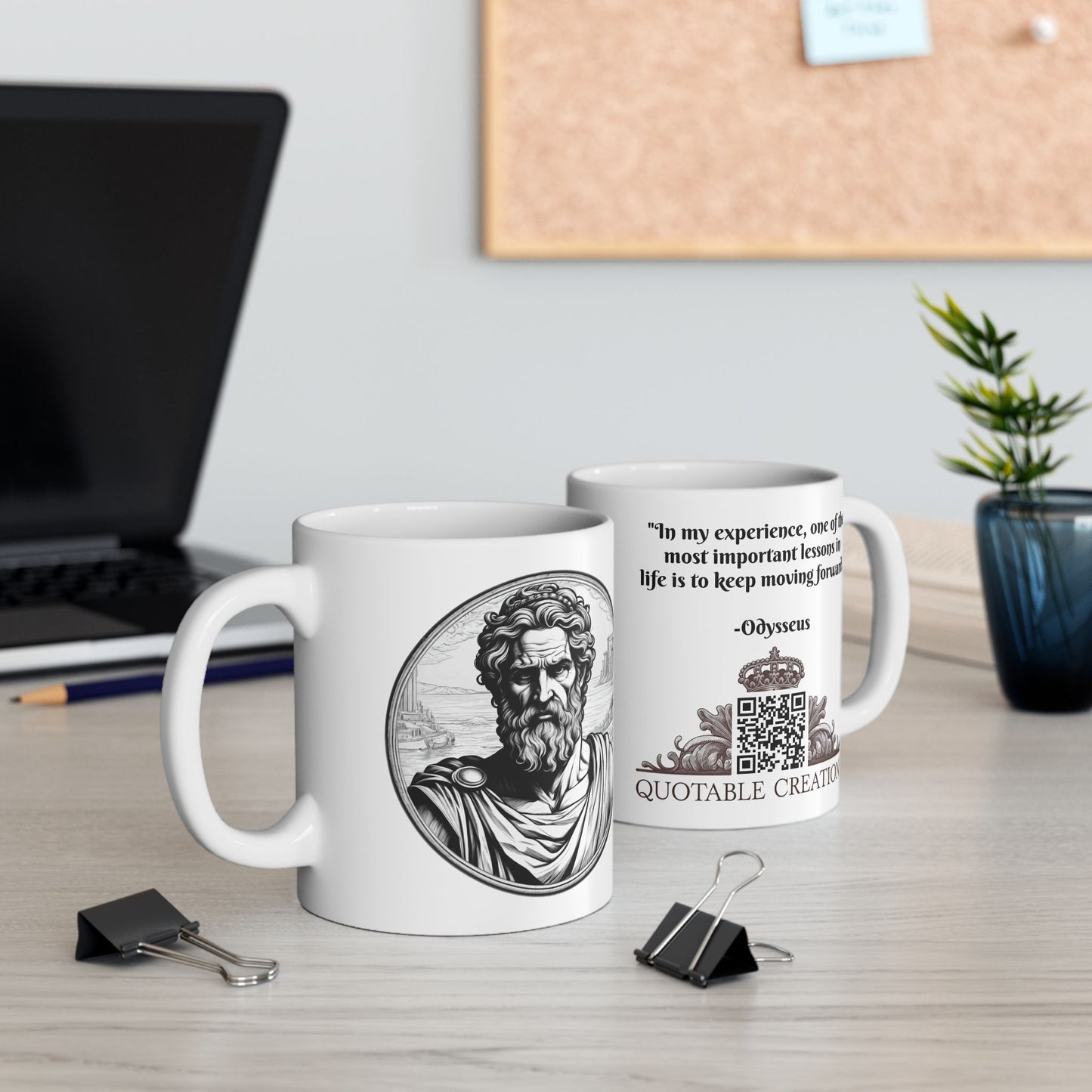 Odysseus Inspirational Quote Coffee Mug with QR Code (11, 15oz)