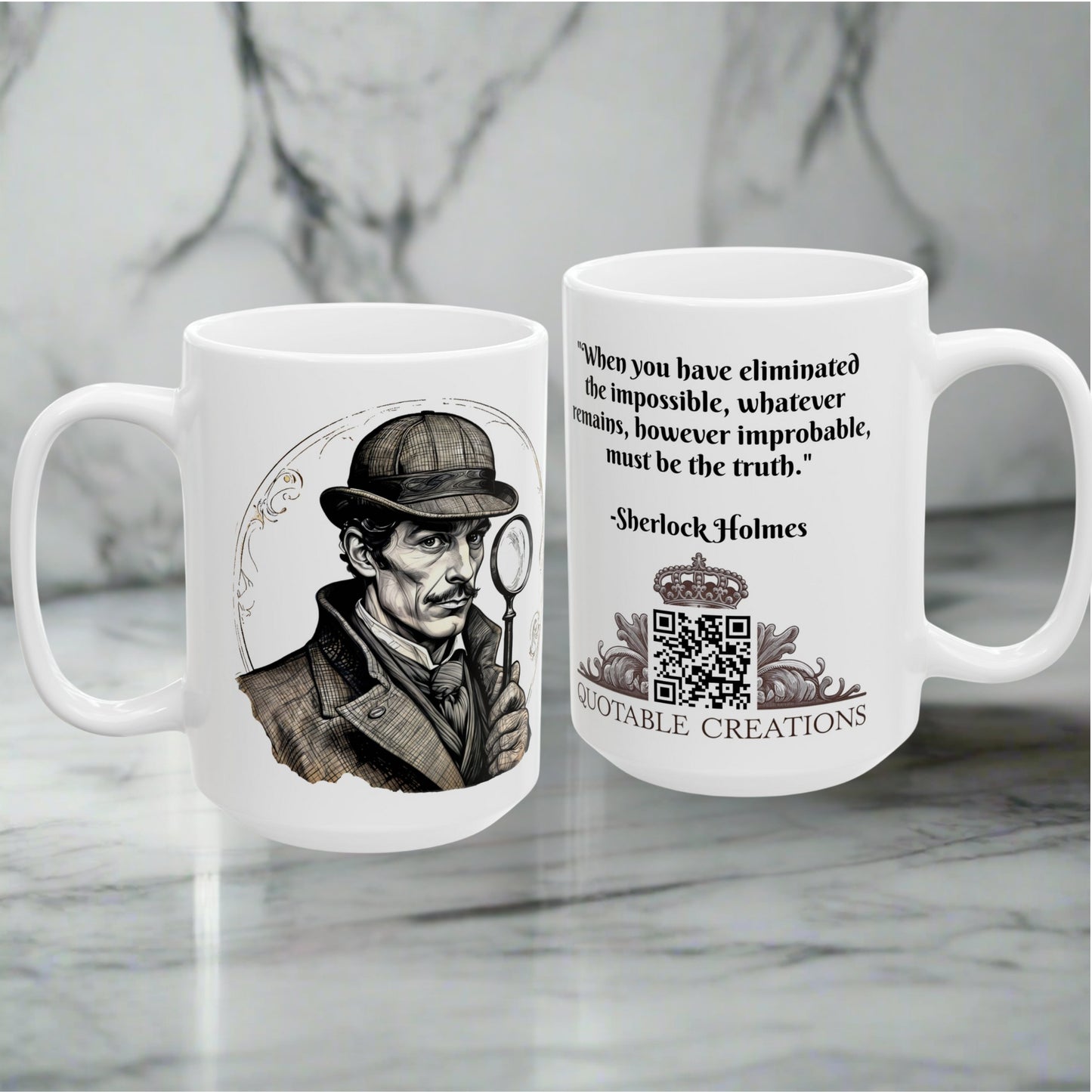 Sherlock Holmes Inspirational Quote Coffee Mug with QR Code Ideal Gift for Mystery Lovers Sherlock Fans and Book Enthusiasts