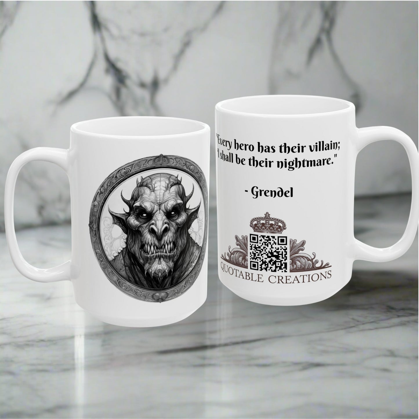 Grendel Mythical Quote Coffee Mug Perfect Gift for Literature Buffs and Fans of Monsters Mythology Unique Coffee Lover Item QR Quote Video