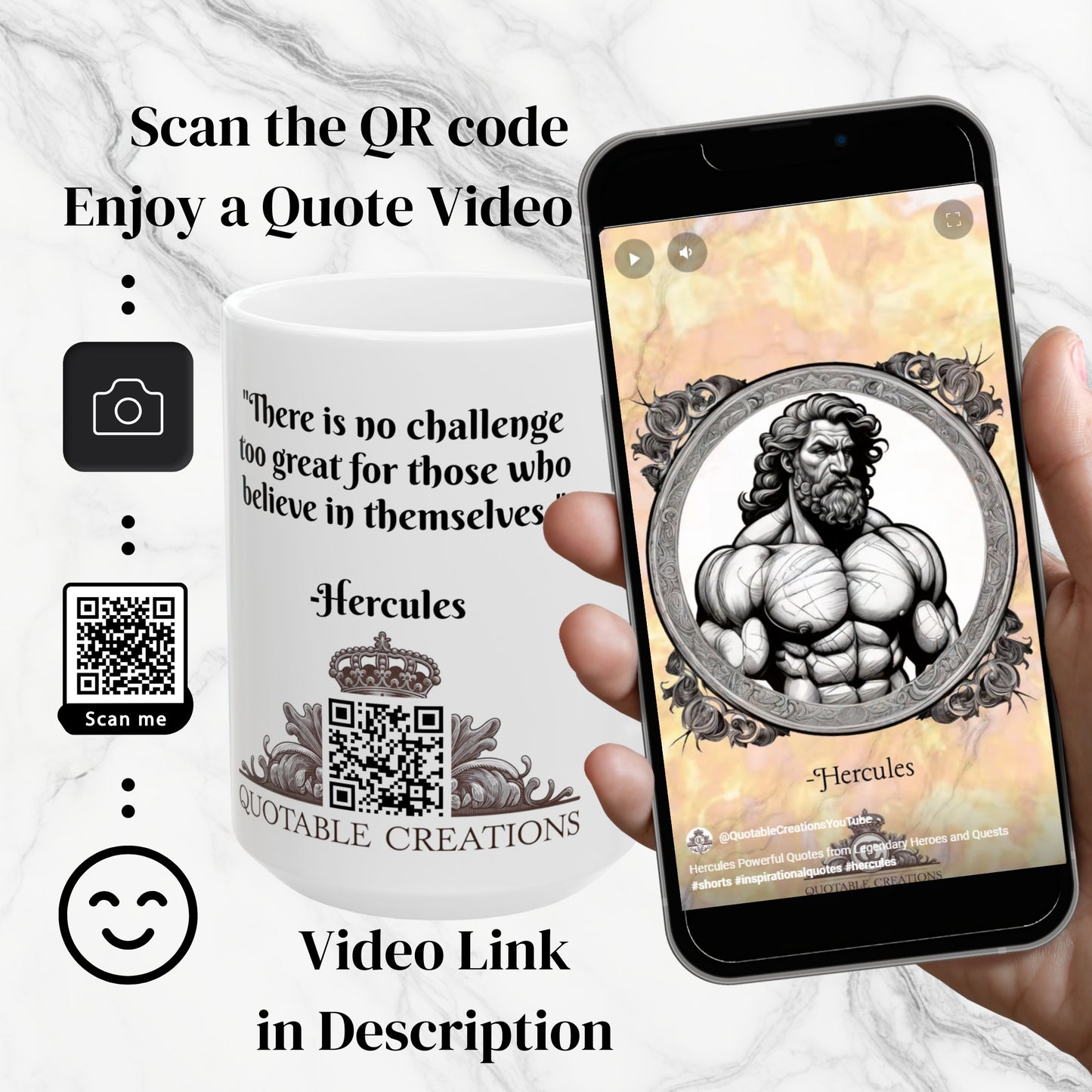 Hercules Inspirational Quote Coffee Mug Unique Gift for Fitness Lovers and Greek Mythology Fans Perfect for Morning Brew QR Quote Video