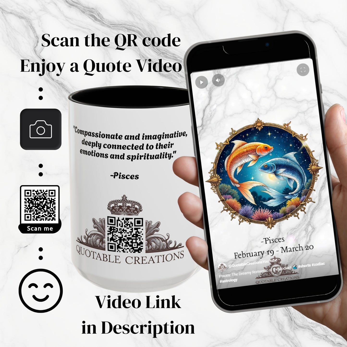 Pisces Zodiac Coffee Mug with Inspirational Quote and Smart QR Code Dreamy Astrology Gift Custom Horoscope Mug for Pisces Fans