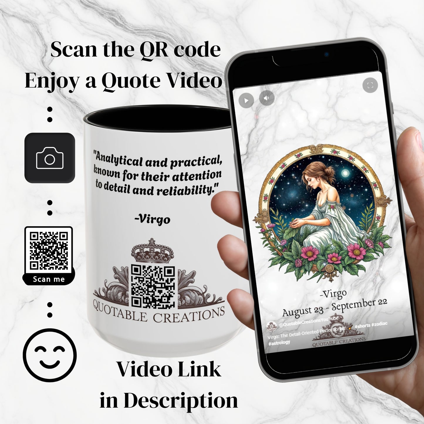 Virgo Zodiac Coffee Mug with Inspirational Quote and Smart QR Code Elegant Astrology Gift Unique Horoscope Mug for Virgo Lovers