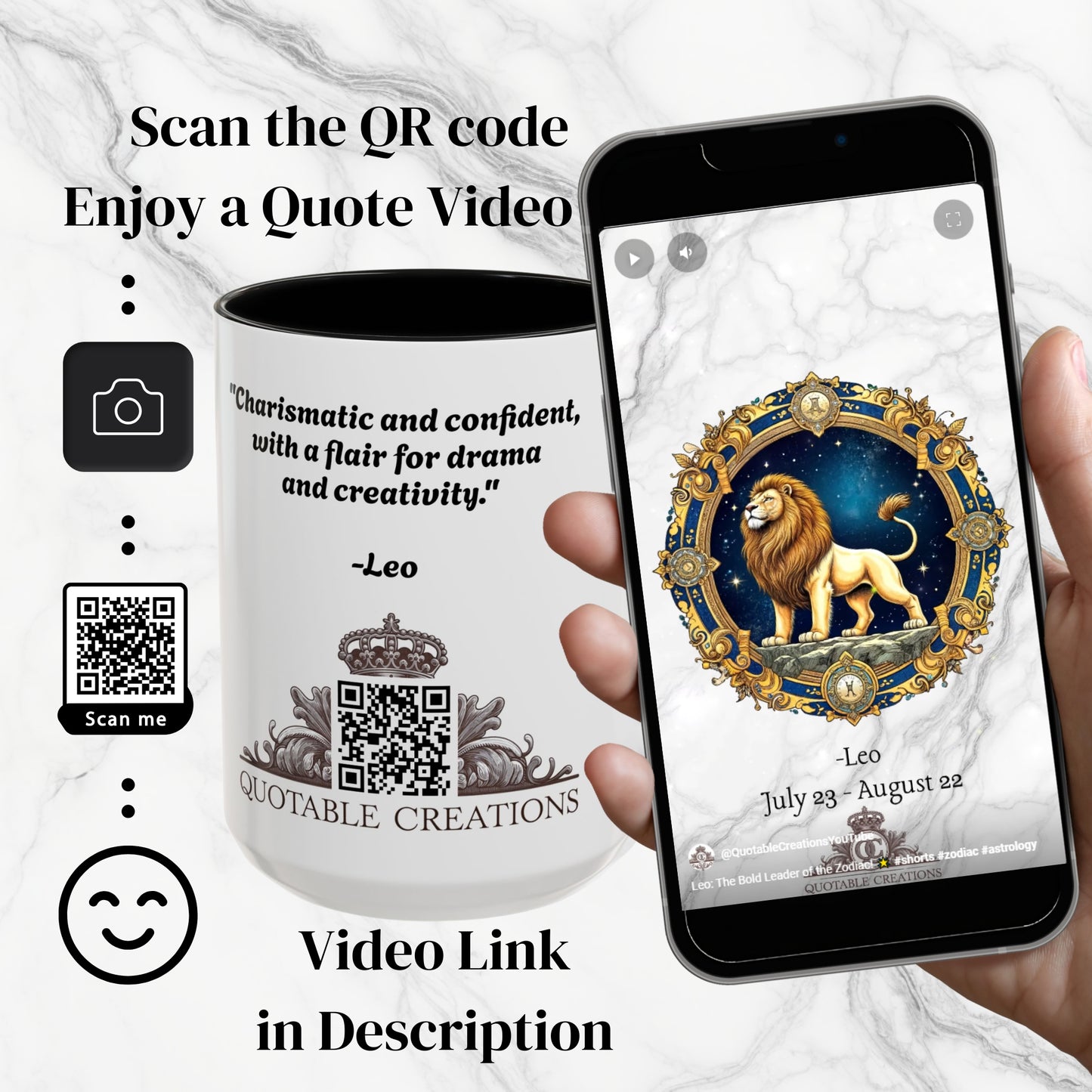 Leo Zodiac Coffee Mug with Inspirational Quote and Smart QR Code Bold Astrology Gift Custom Horoscope Lovers Mug for Leo Enthusiasts