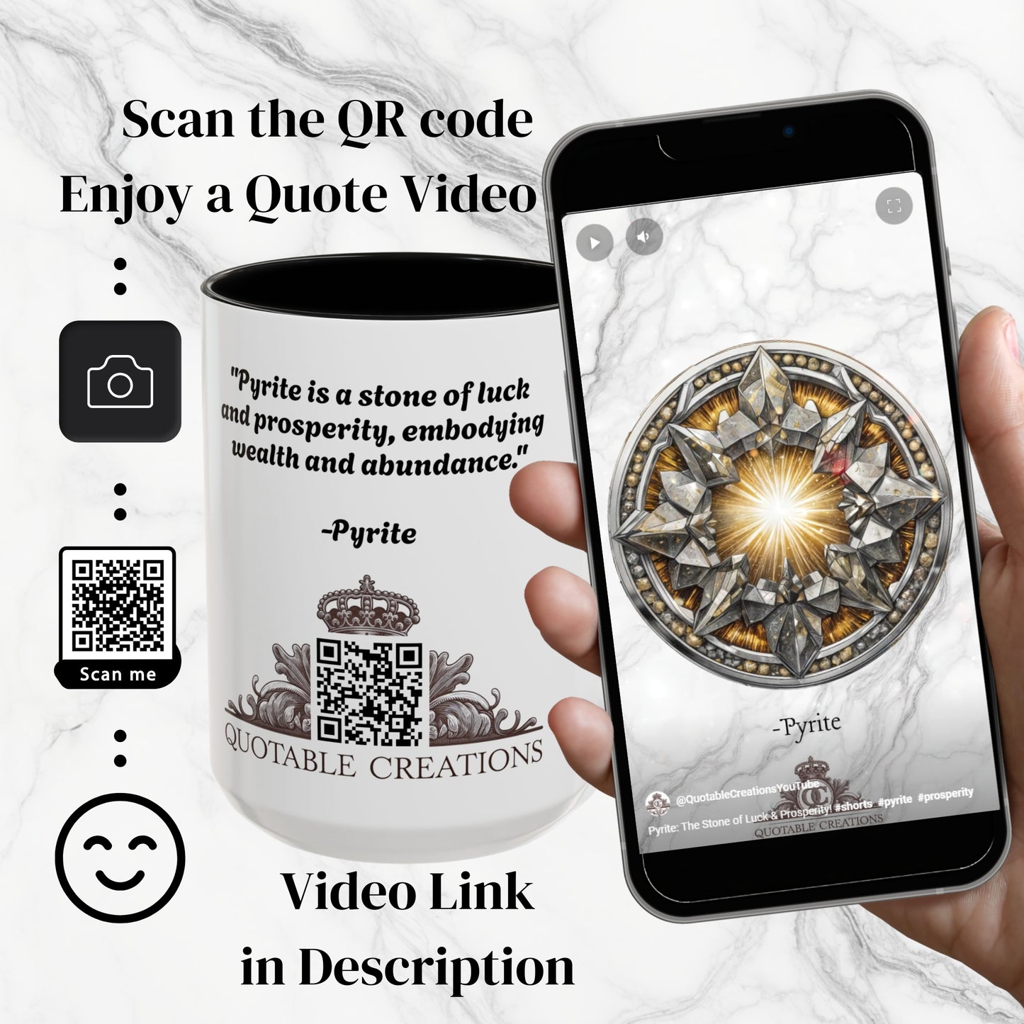 Pyrite Gemstone Coffee Mug with Uplifting Quote and QR Code Perfect for Achievers and Positive Vibes Enthusiasts Crystal Lovers