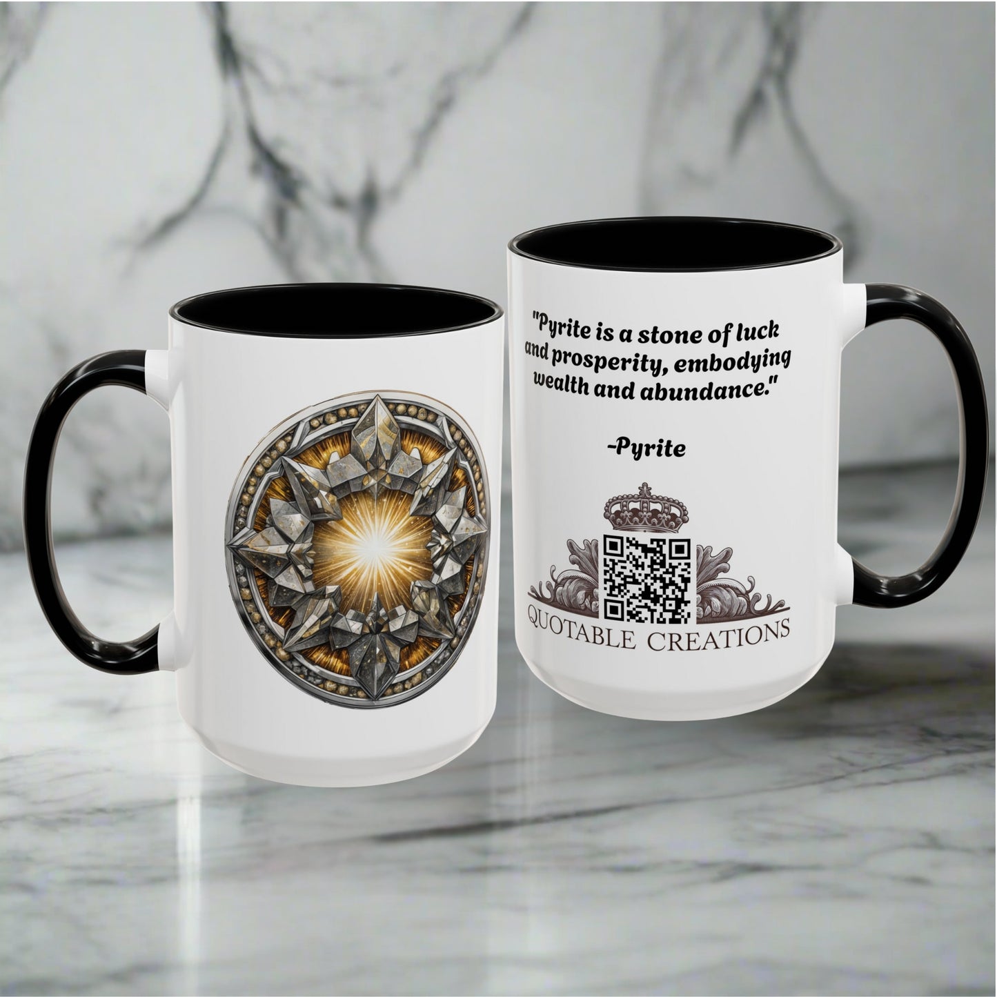 Pyrite Gemstone Coffee Mug with Uplifting Quote and QR Code Perfect for Achievers and Positive Vibes Enthusiasts Crystal Lovers