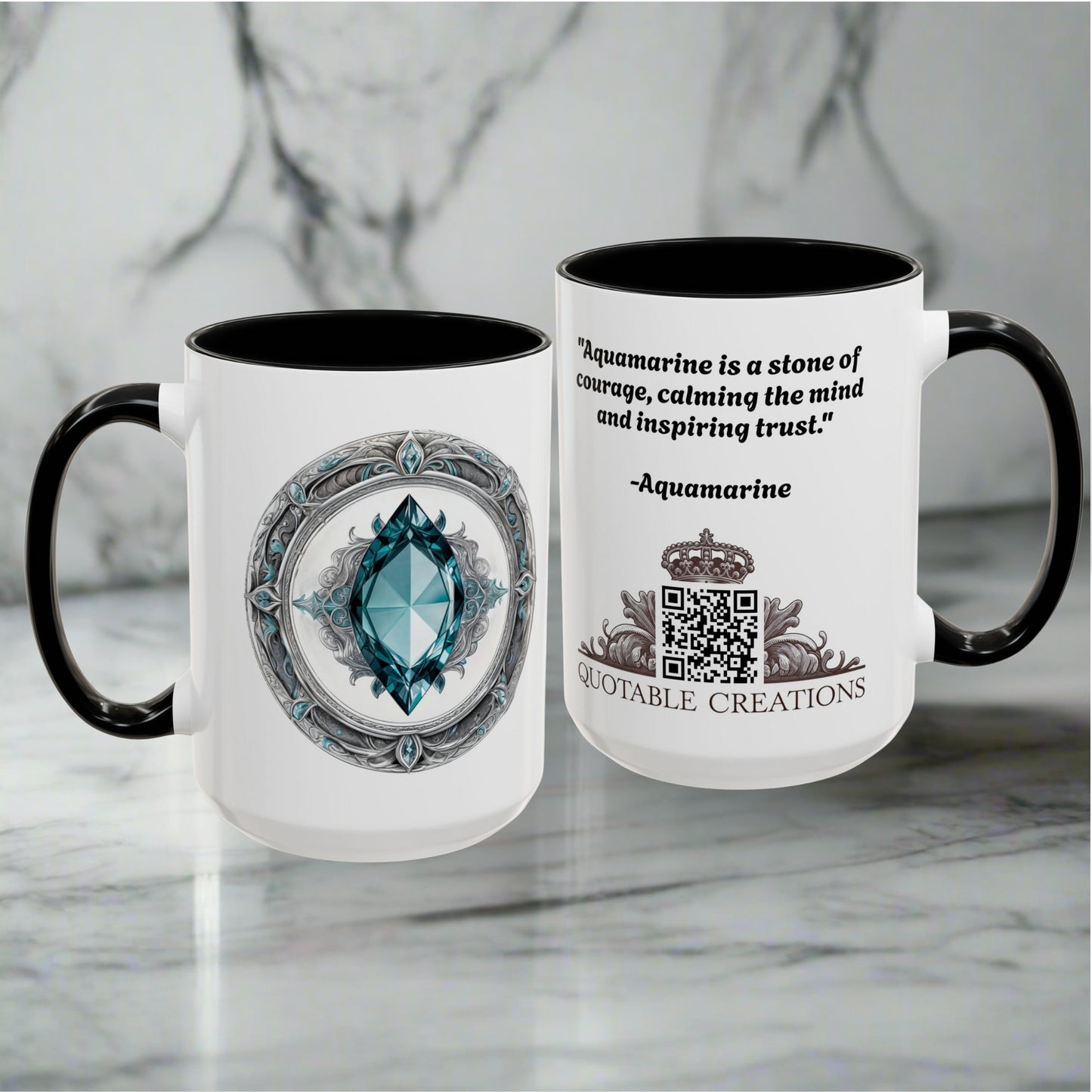 Aquamarine Crystal Coffee Mug with Soothing Quote and QR Code Great Gift for Ocean Lovers Gemstone and Meditation Enthusiasts