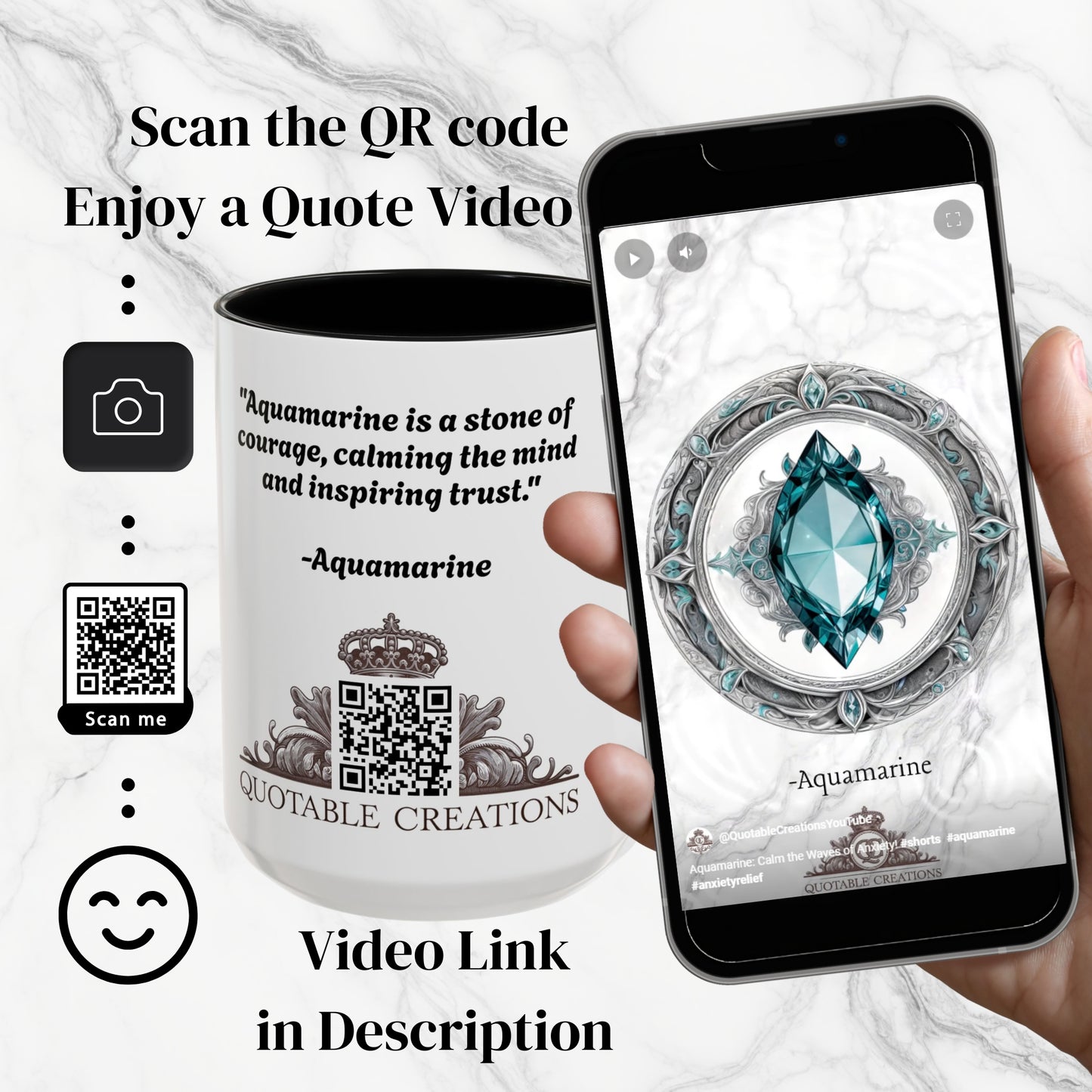 Aquamarine Crystal Coffee Mug with Soothing Quote and QR Code Great Gift for Ocean Lovers Gemstone and Meditation Enthusiasts