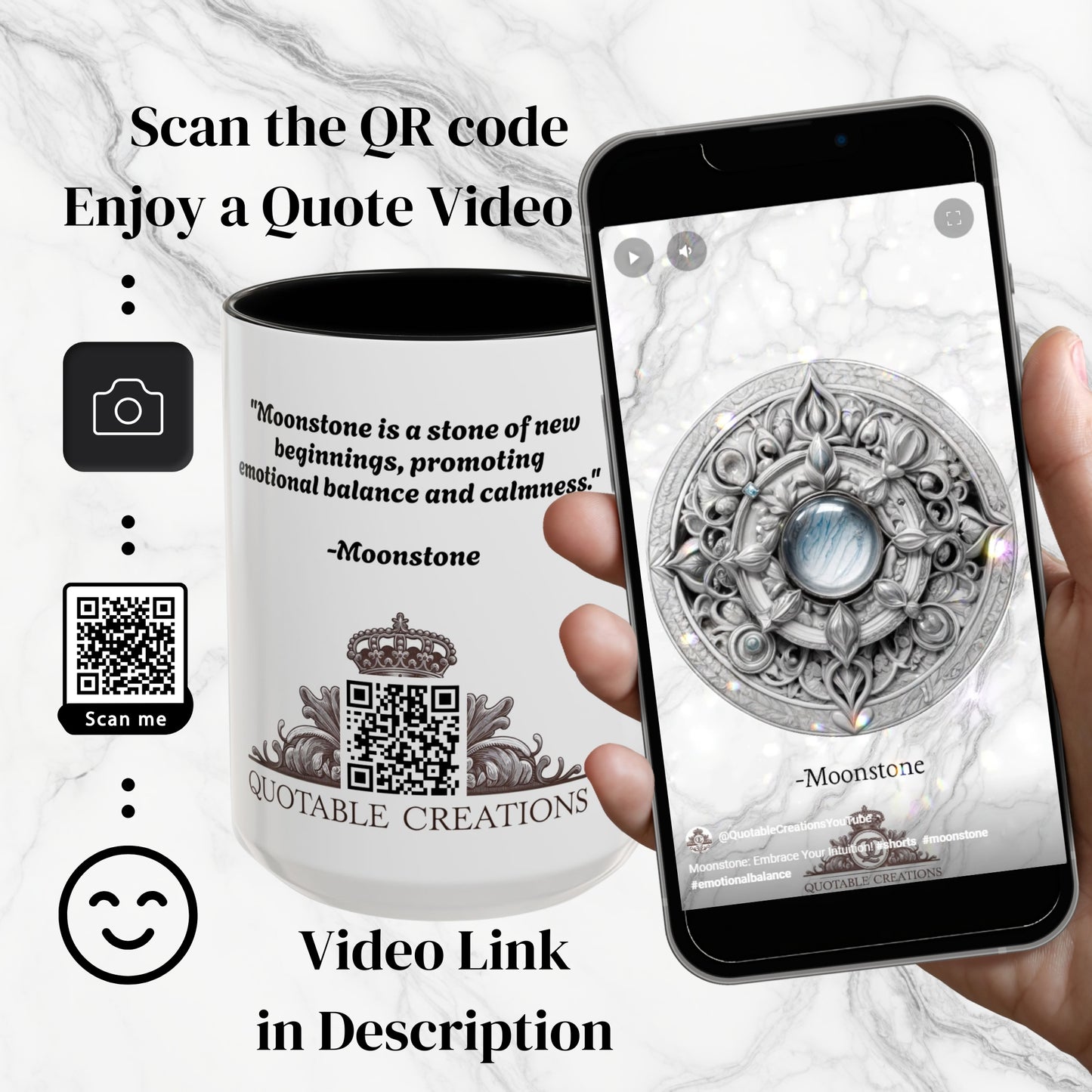 Moonstone Gemstone Coffee Mug with Empowering Quote and QR Code Perfect for Mystics and Creative Spirits Beautiful Crystal Lovers