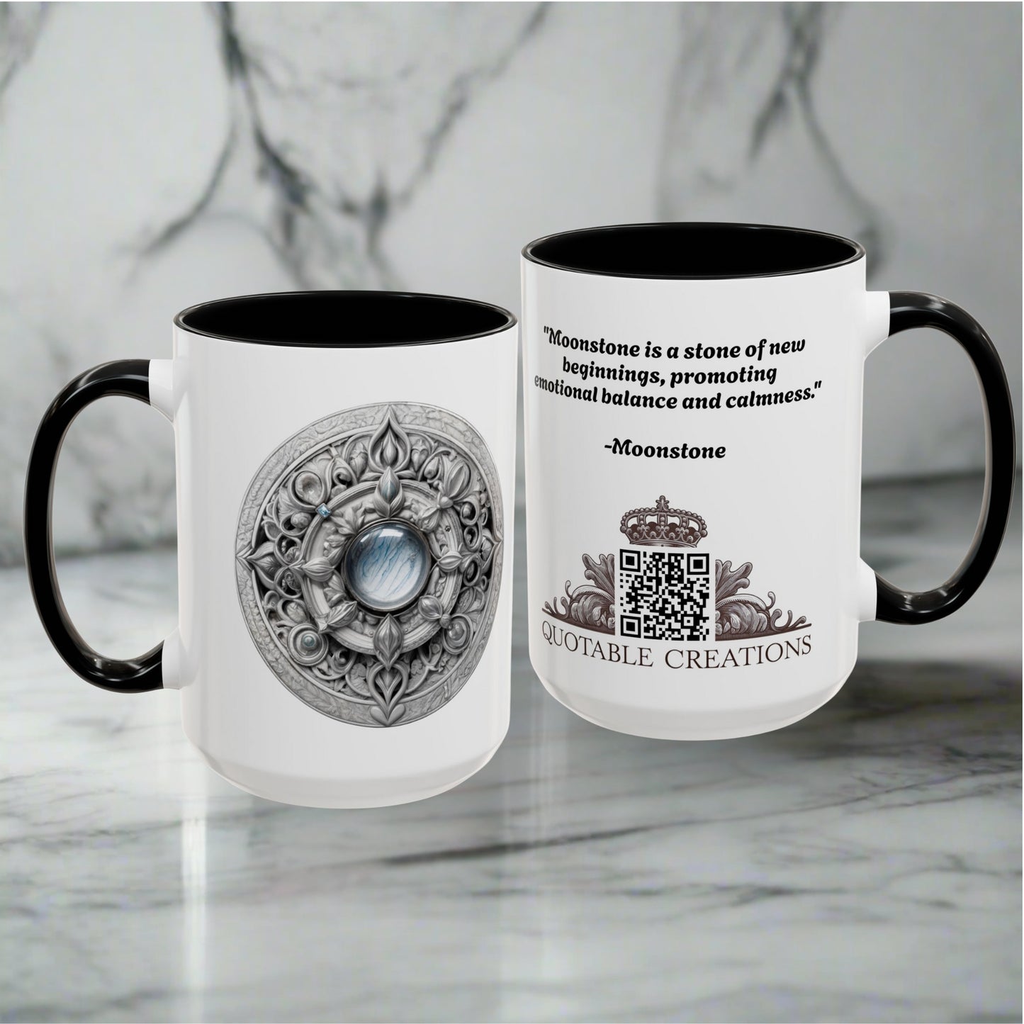 Moonstone Gemstone Coffee Mug with Empowering Quote and QR Code Perfect for Mystics and Creative Spirits Beautiful Crystal Lovers