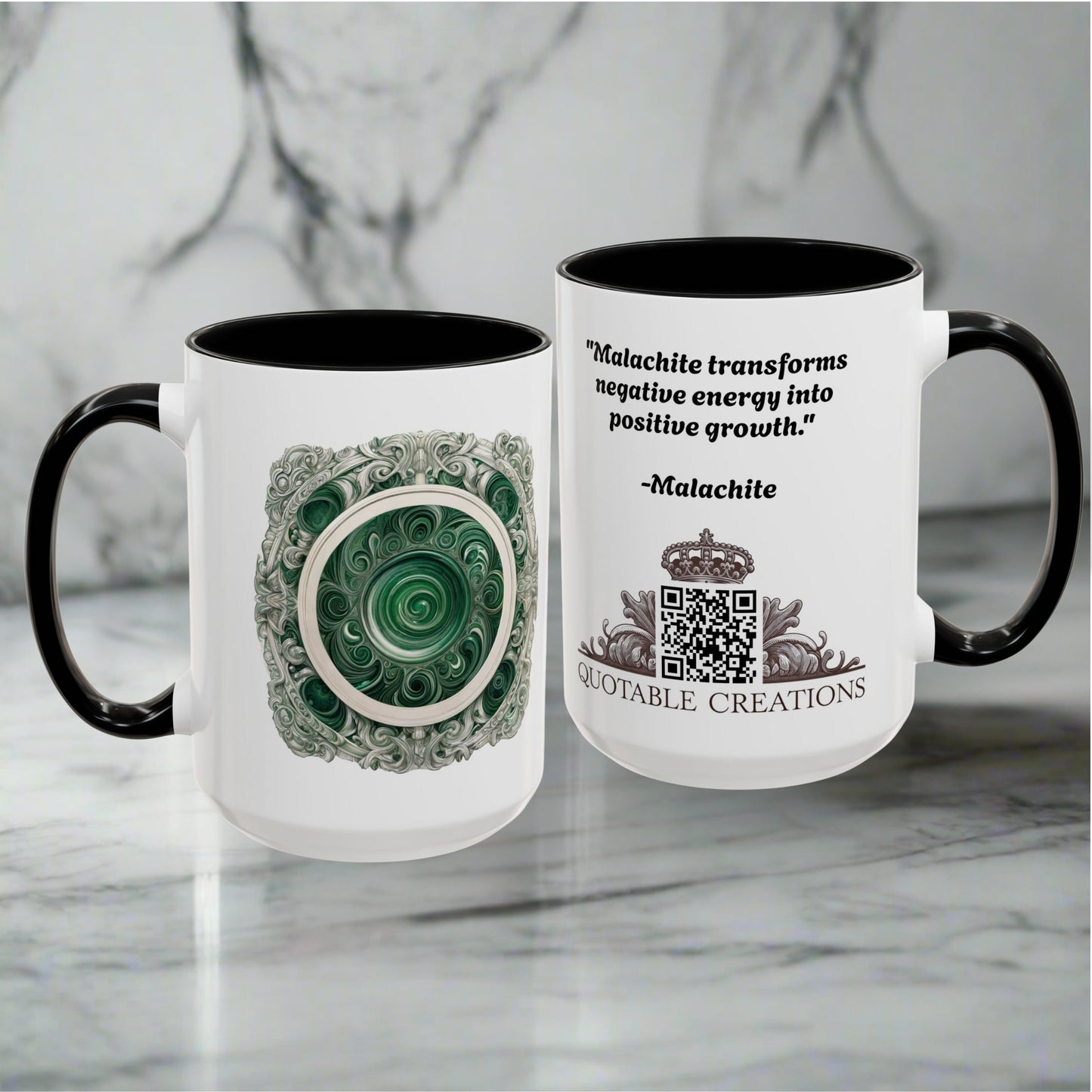 Malachite Crystal Coffee Mug with Inspirational Quote and QR Code Beautiful Gemstone Gift for Green Thumbs and Spiritual Lovers