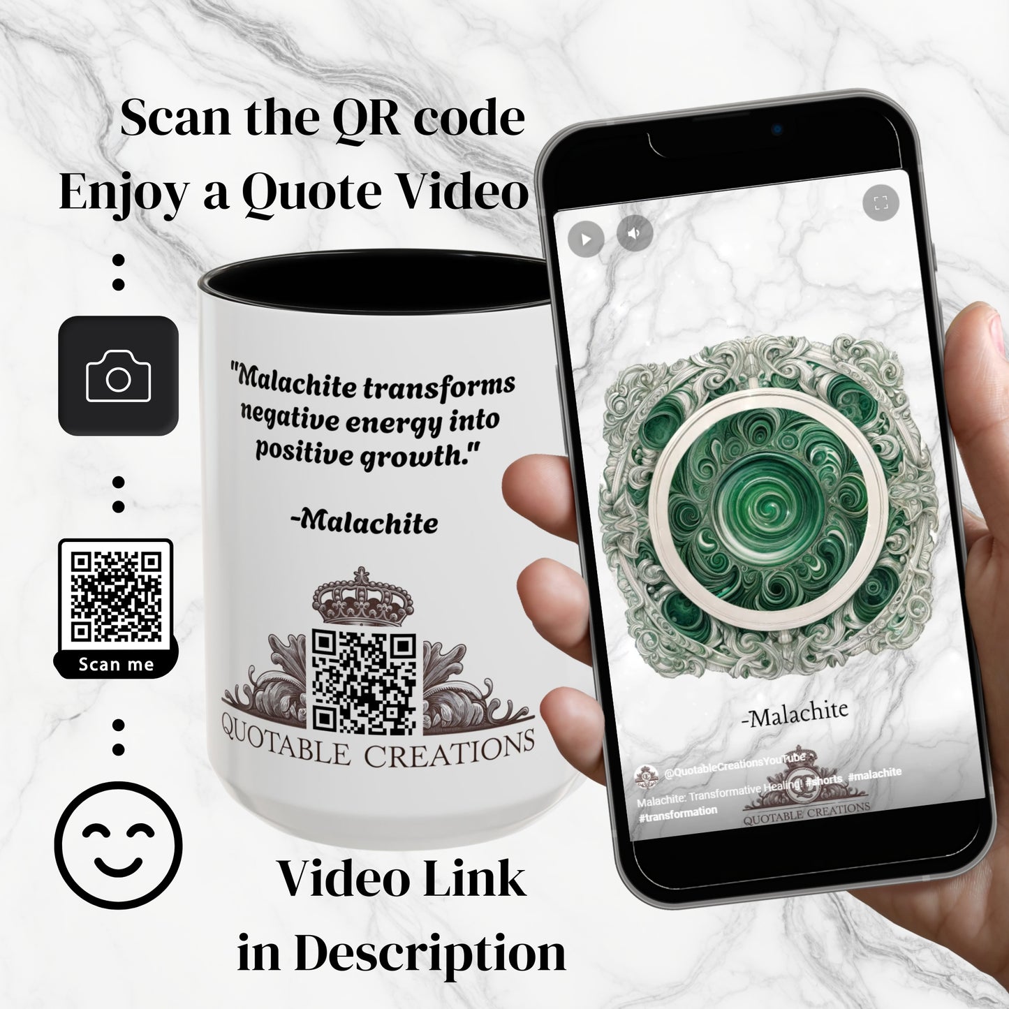 Malachite Crystal Coffee Mug with Inspirational Quote and QR Code Beautiful Gemstone Gift for Green Thumbs and Spiritual Lovers