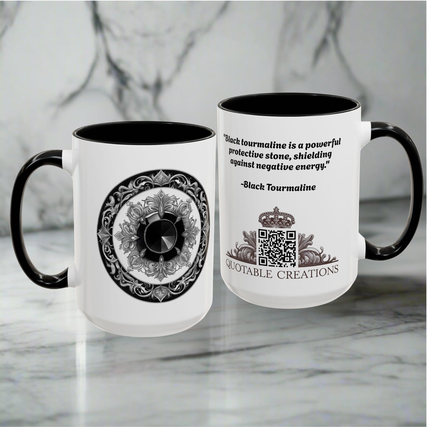 Black Tourmaline Gemstone Coffee Mug with Grounding Quote and QR Code Perfect Crystal Shield for Home and Office Unique Drinkware