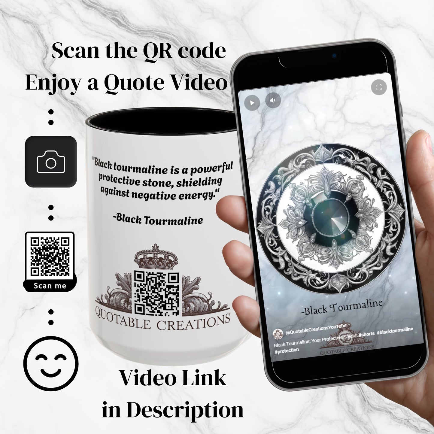 Black Tourmaline Gemstone Coffee Mug with Grounding Quote and QR Code Perfect Crystal Shield for Home and Office Unique Drinkware