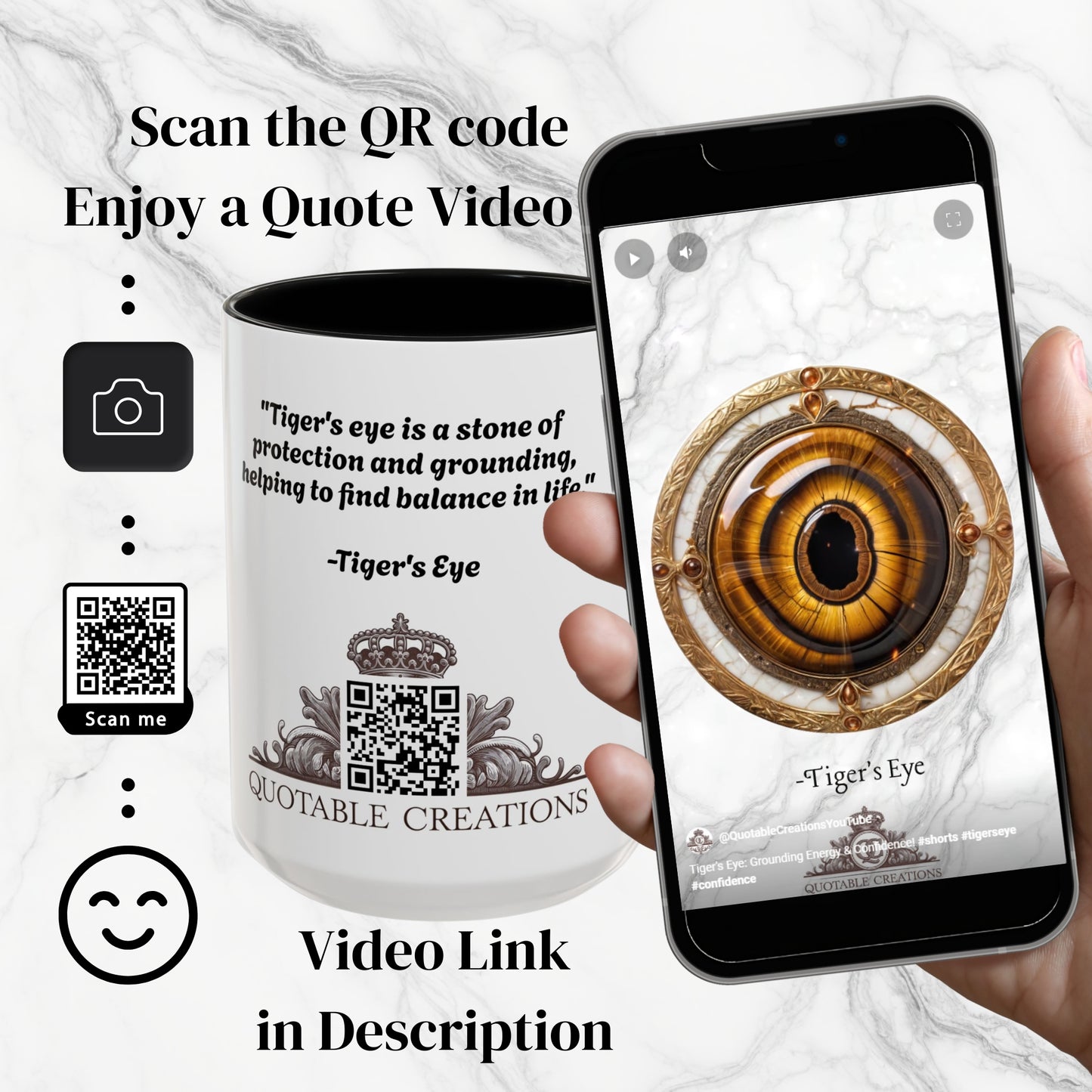 Tigers Eye Crystal Coffee Mug with Empowering Quote and QR Code Great Gemstone Gift for Adventurers and Goal Setter Lovers