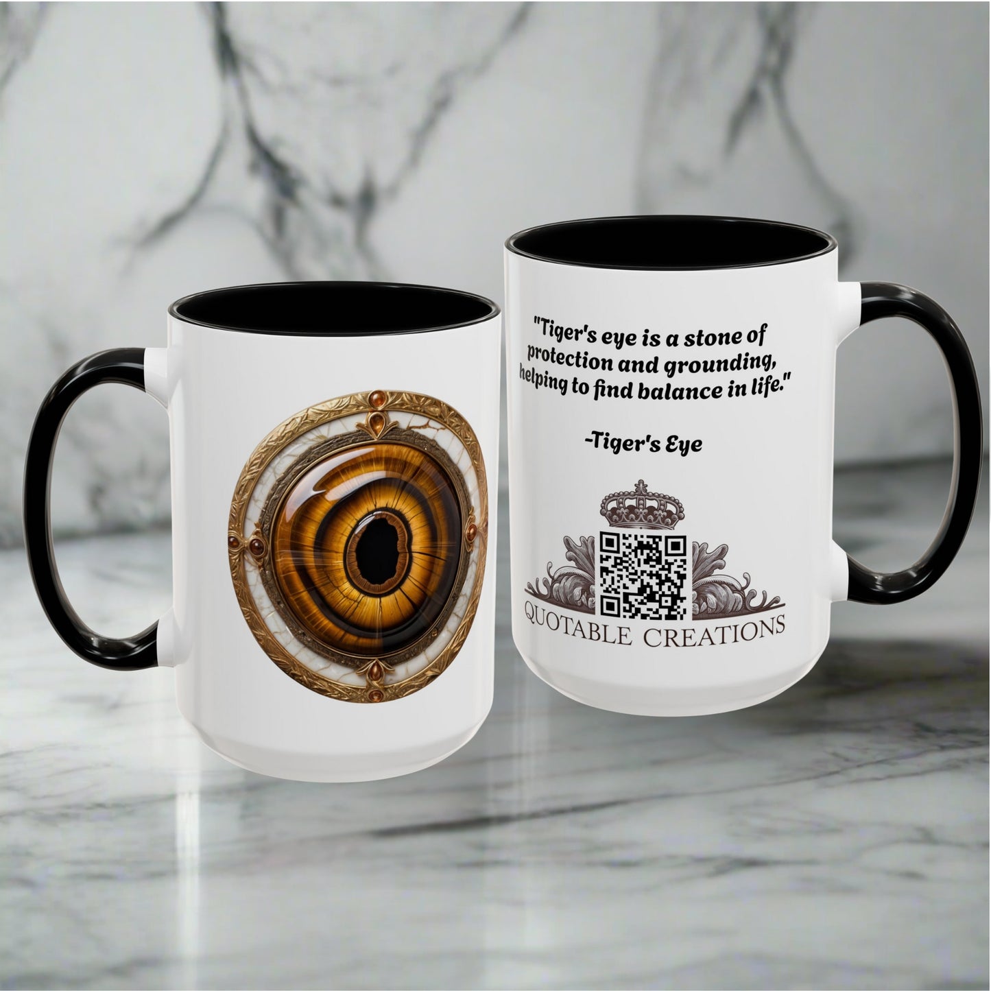 Tigers Eye Crystal Coffee Mug with Empowering Quote and QR Code Great Gemstone Gift for Adventurers and Goal Setter Lovers