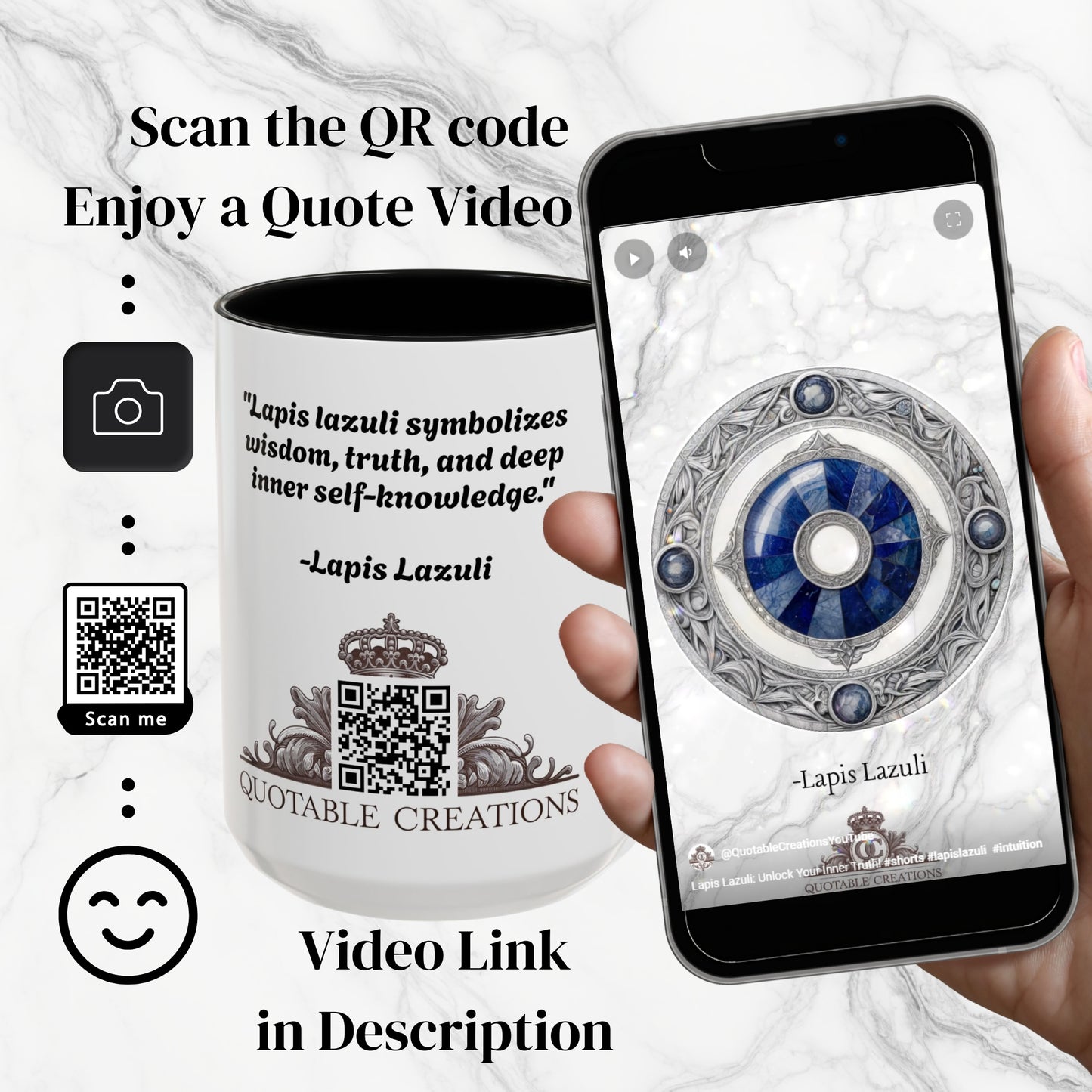 Lapis Lazuli Gemstone Mug with Inspirational Quote and QR Code Perfect for Dreamers Spiritual Seekers and Crystal Lovers