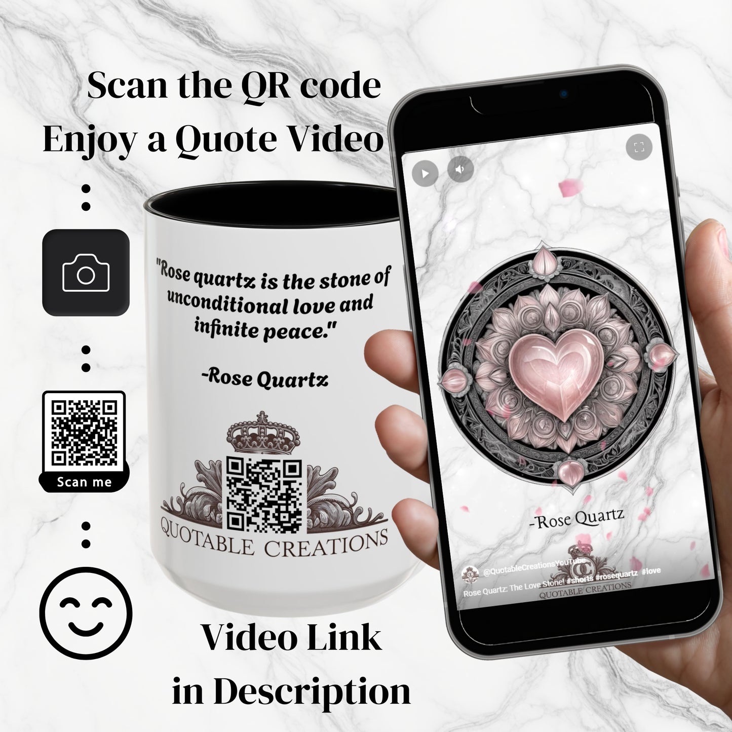 Rose Quartz Love Crystal Coffee Mug with Heartwarming Quote and QR Code Beautiful Gemstone Gift for Valentines Day or Mothers Day