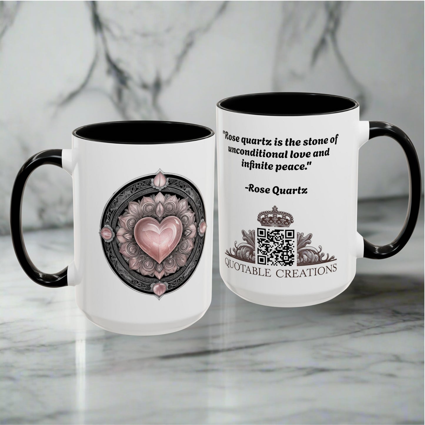 Rose Quartz Love Crystal Coffee Mug with Heartwarming Quote and QR Code Beautiful Gemstone Gift for Valentines Day or Mothers Day