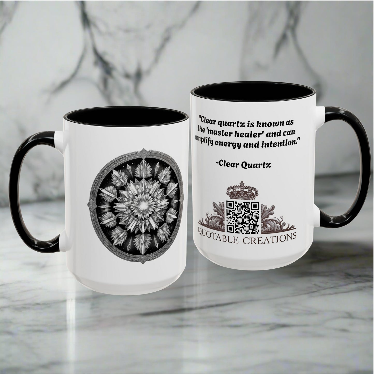 Clear Quartz Gemstone Coffee Mug with Empowering Quote and QR Code Perfect for Crystal Manifestation and Meditation Enthusiasts