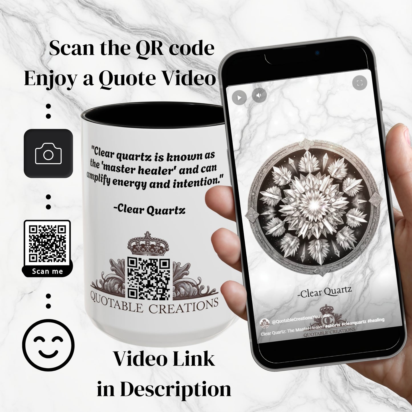 Clear Quartz Gemstone Coffee Mug with Empowering Quote and QR Code Perfect for Crystal Manifestation and Meditation Enthusiasts