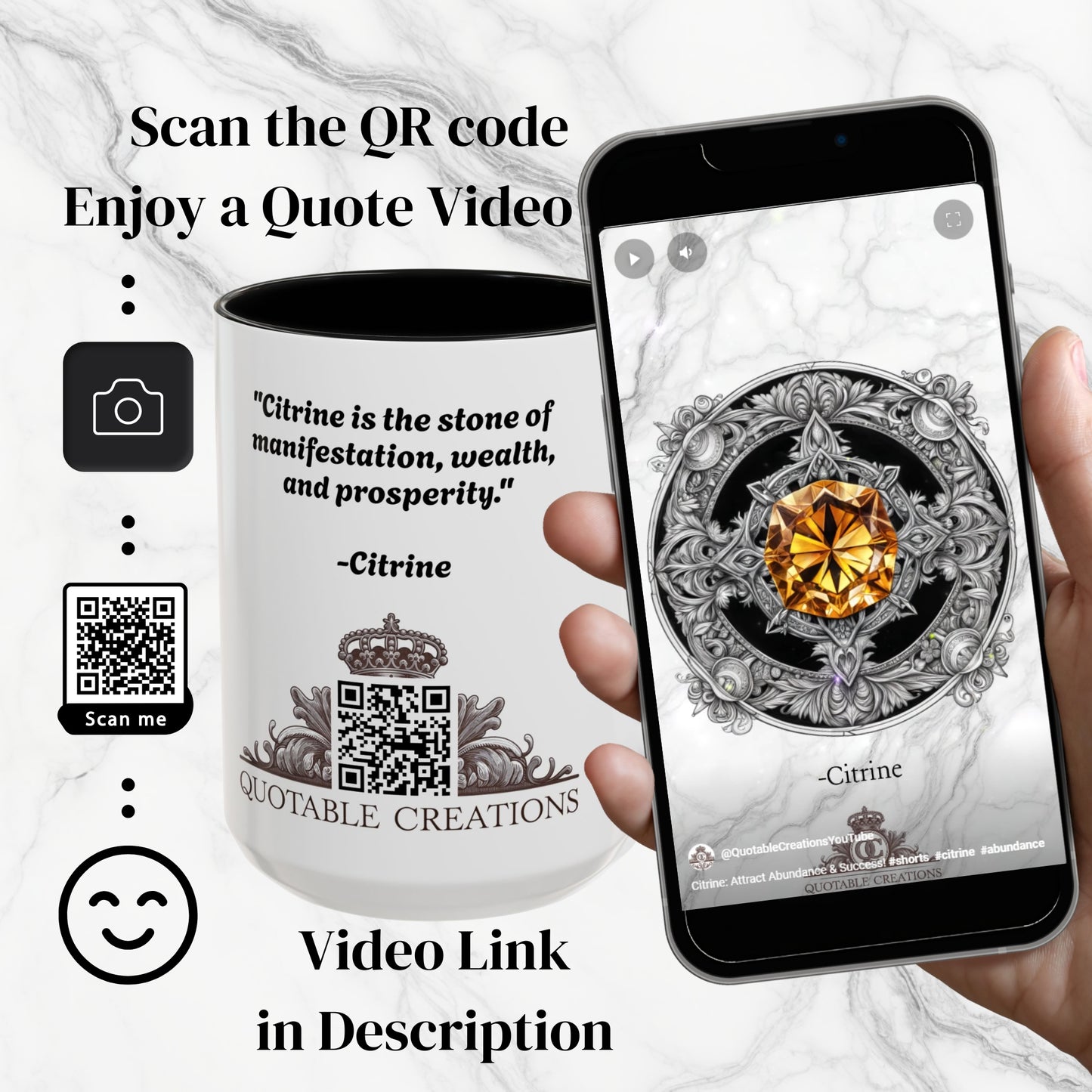 Citrine Crystal Coffee Mug with Positive Quote and QR Code for Motivational Video Ideal Gift for Gemstone Optimists and Dreamers