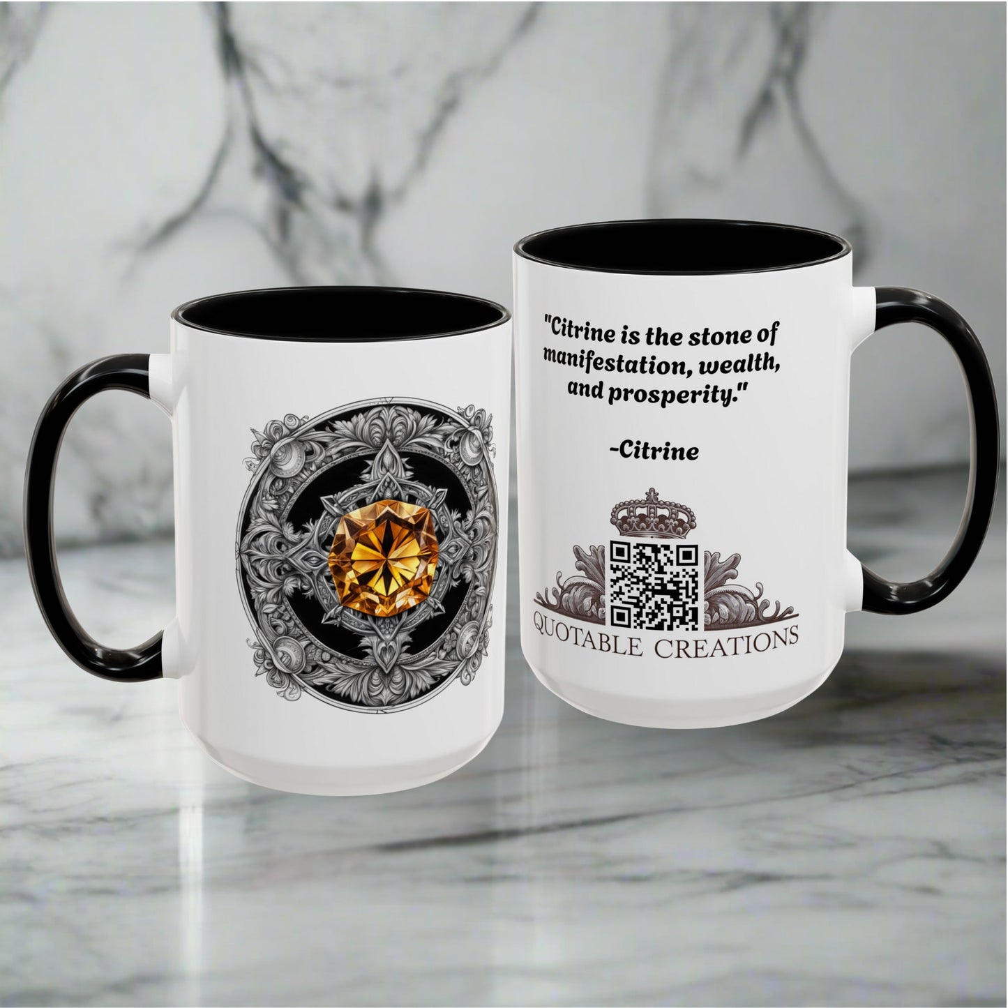 Citrine Crystal Coffee Mug with Positive Quote and QR Code for Motivational Video Ideal Gift for Gemstone Optimists and Dreamers