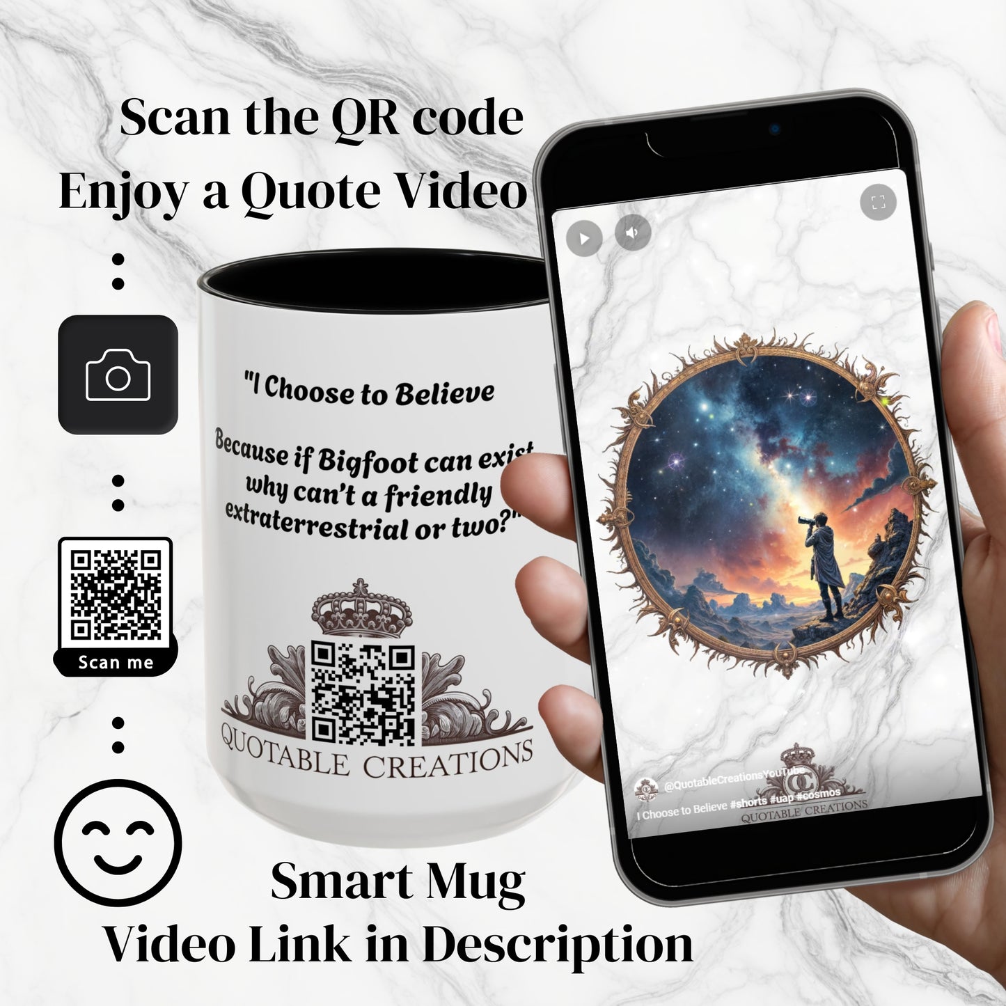 UFO Coffee Mug Featuring Hilarious Bigfoot and Alien Quotes for Skeptical Believers Who Love Unique Quirky Gifts Jokes QR Code Quote Video