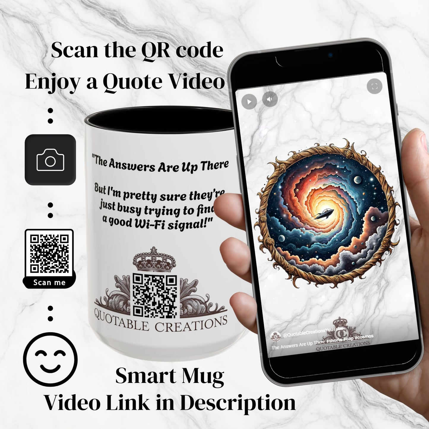 UFO Coffee Mug with Humorous Alien Quote for Skeptical Science Lover Who Enjoy Unique Quirky Gifts Hilarious Space Jokes QR Code Quote Video