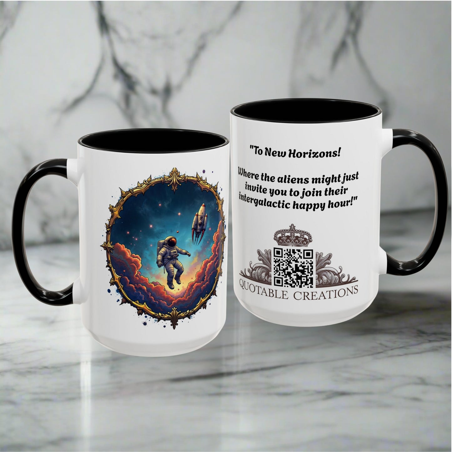 UFO Coffee Mug with Happy Hour Quotes for Intergalactic Travelers Who Love Quirky Gifts Funny Space-Themed Puns for All QR Code Quote Video