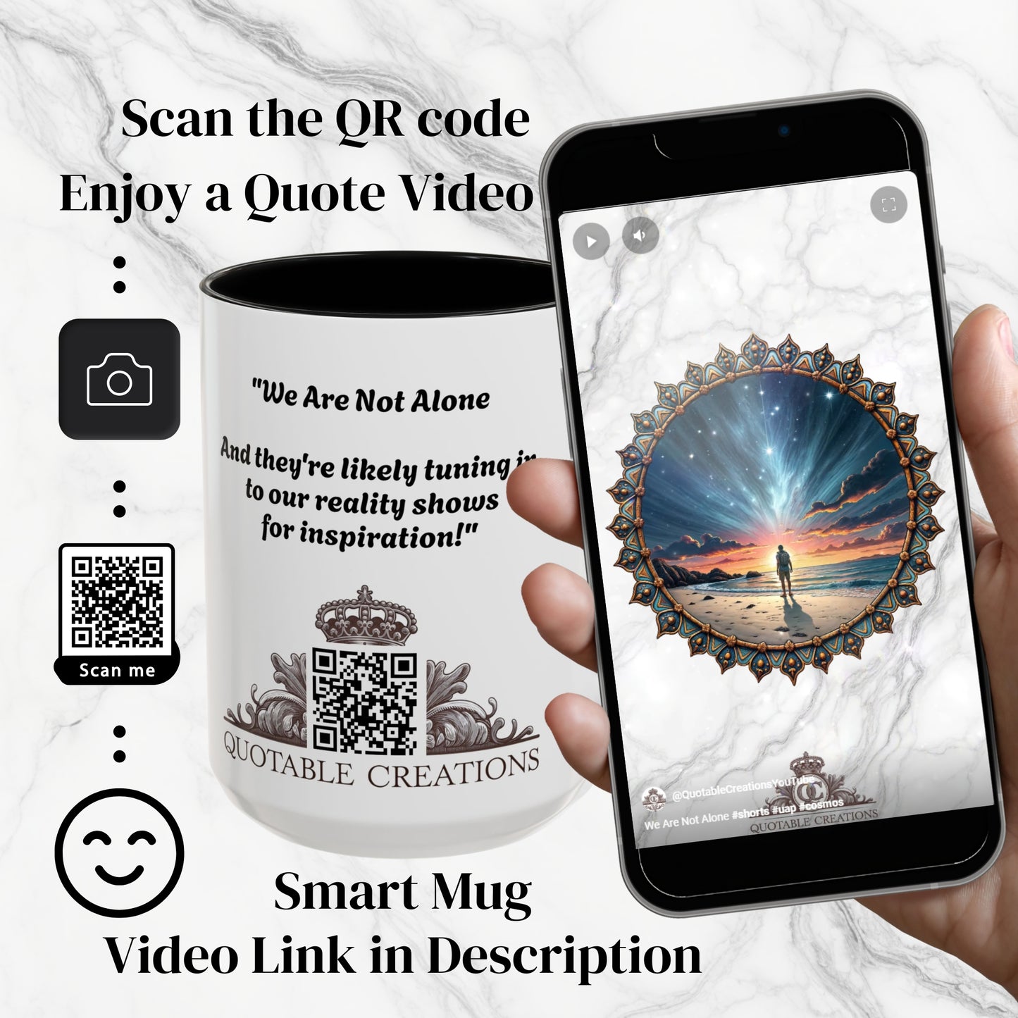 UFO Coffee Mug with Hilarious Alien Reality Show Quotes for Space Enthusiasts Who Enjoy Unique Gifts Intergalactic Humor QR Code Quote Video