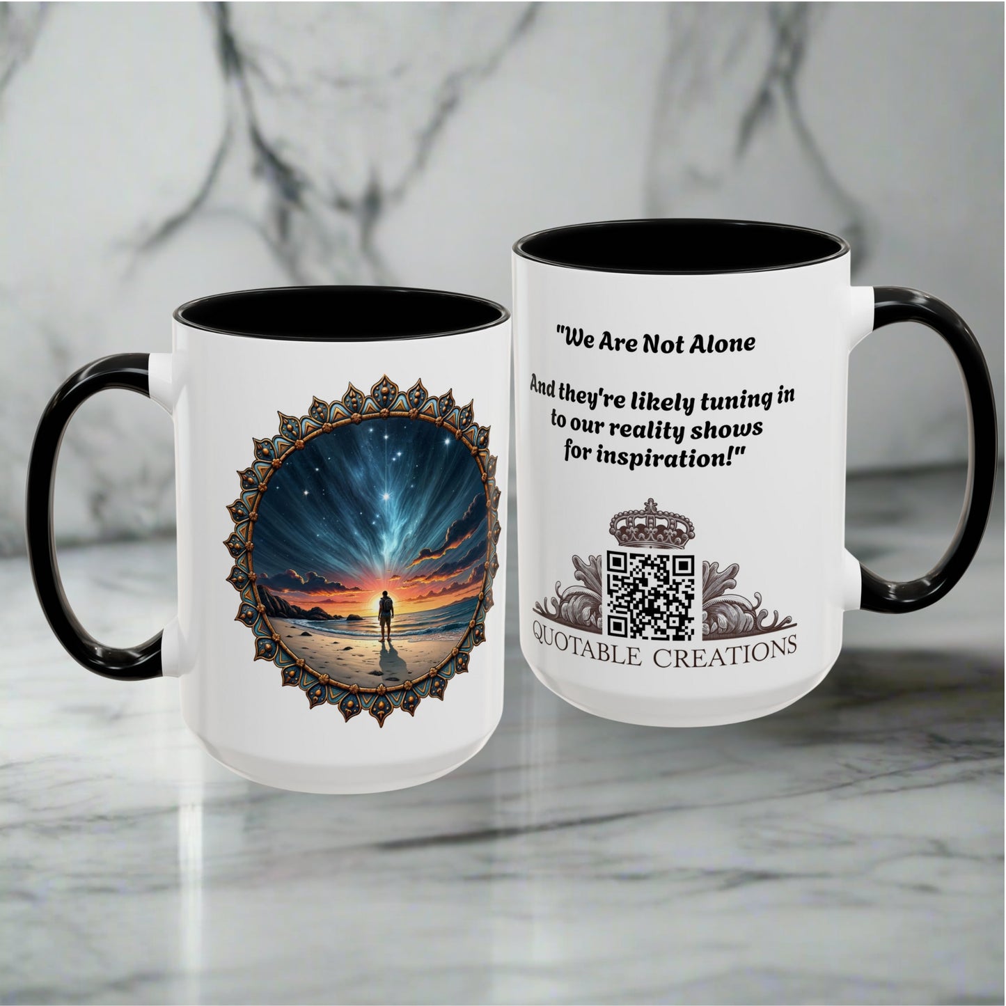 UFO Coffee Mug with Hilarious Alien Reality Show Quotes for Space Enthusiasts Who Enjoy Unique Gifts Intergalactic Humor QR Code Quote Video