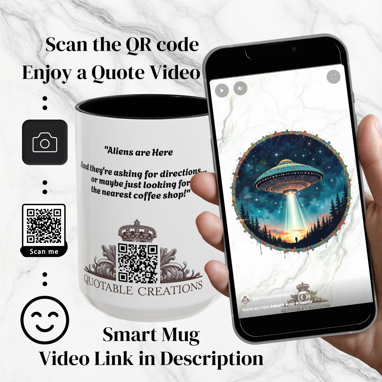 UFO Coffee Mug with Funny Cafe and Space Quotes for Coffee Lovers Who Enjoy Quirky Gifts and Humorous Alien-Themed Jokes QR Code Quote Video