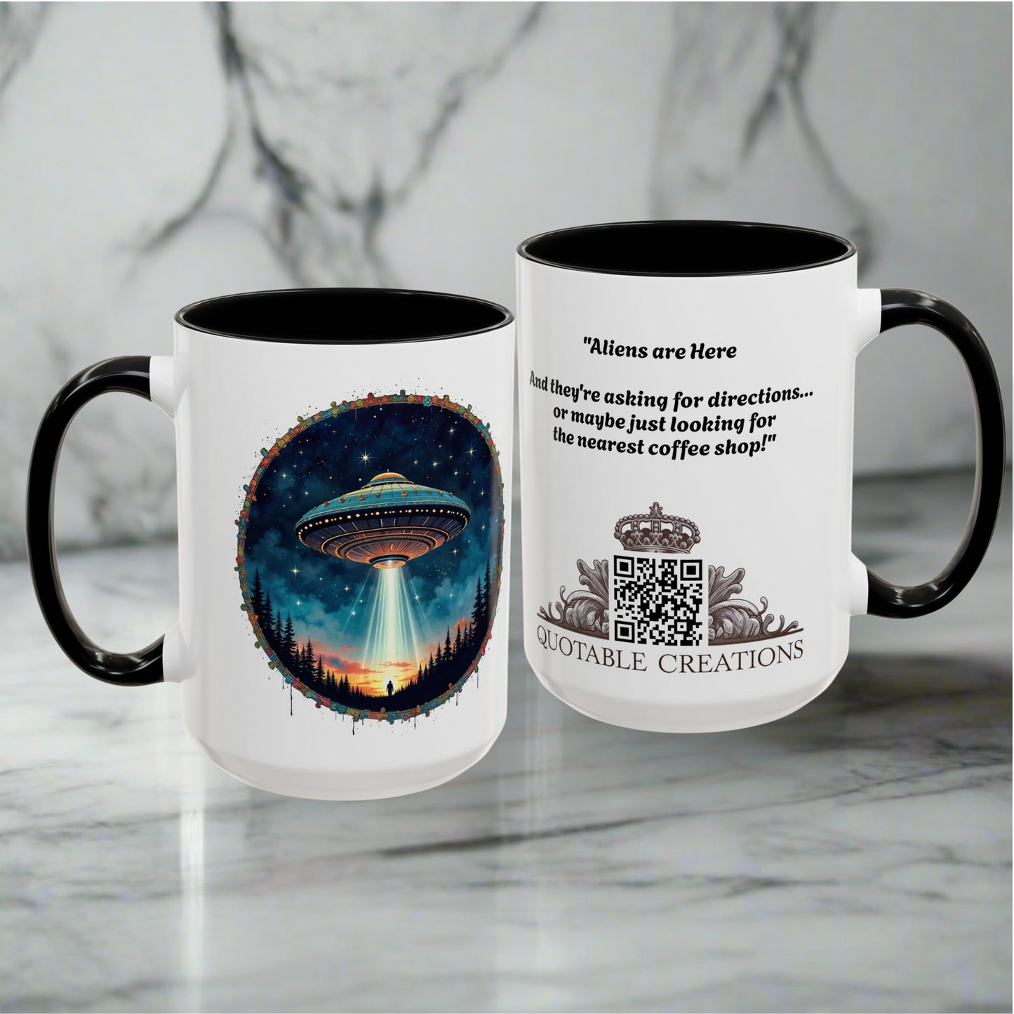 UFO Coffee Mug with Funny Cafe and Space Quotes for Coffee Lovers Who Enjoy Quirky Gifts and Humorous Alien-Themed Jokes QR Code Quote Video