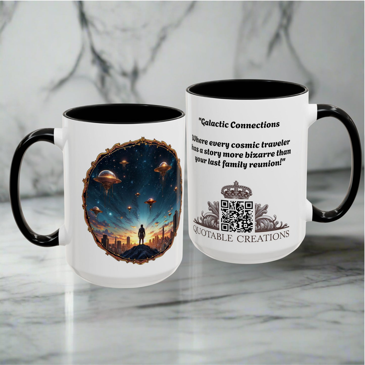 UFO Coffee Mug Featuring Alien Family Reunion Quote for Intergalactic Travelers Who Love Unique Quirky Gifts Alien Jokes QR Code Quote Video