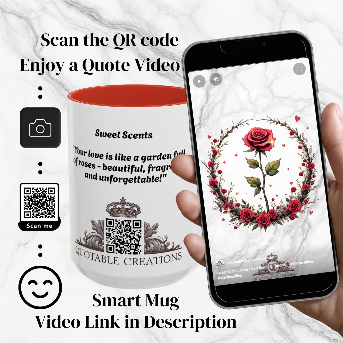 Sweet Scents Mug Romantic Gift for Romantic Flower Lovers Relive Beautiful Memories with a Sweet Scent Design QR Quote Video Keepsake