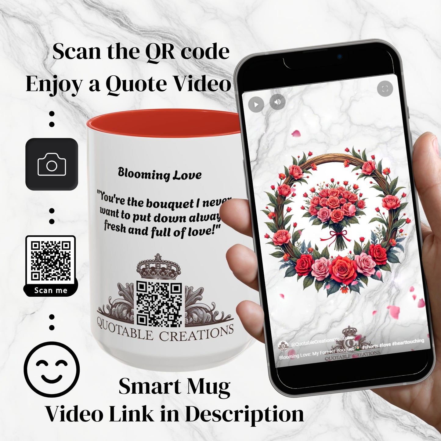 Blooming Love Mug Beautiful Just Because Gift for Lovers Celebrate Your Relationship Roses with Floral Design QR Quote Video Keepsake