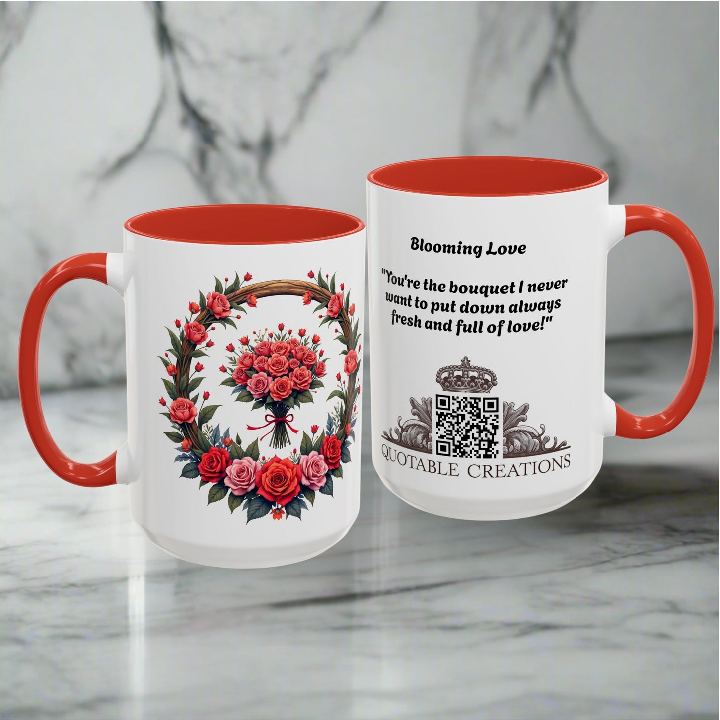 Blooming Love Mug Beautiful Just Because Gift for Lovers Celebrate Your Relationship Roses with Floral Design QR Quote Video Keepsake