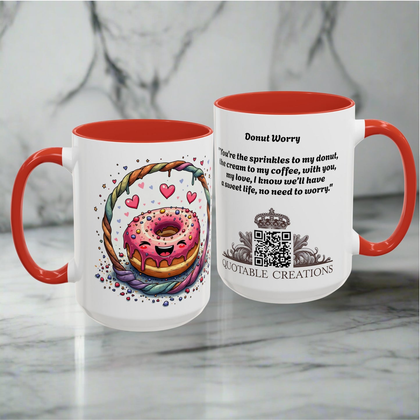 Donut Worry Mugs for Couples Fun Pun Coffee Gift for Sweet Romantic Lovers Perfect Present with Whimsical Love Quote QR Quote Video