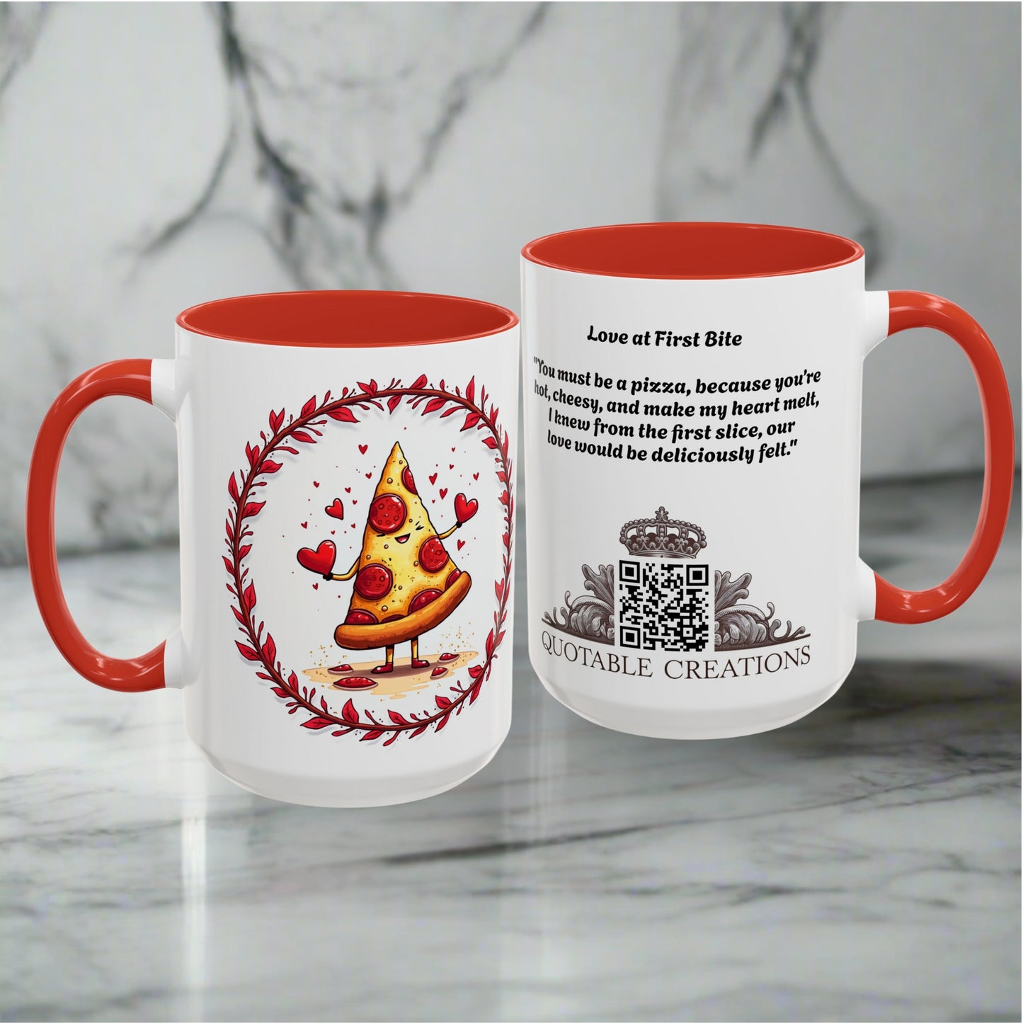 Love at First Bite Mugs for Couples Fun Pun Unique Coffee Gift for Foodies Perfect Romantic Present with Delicious Love Quote QR Quote Video