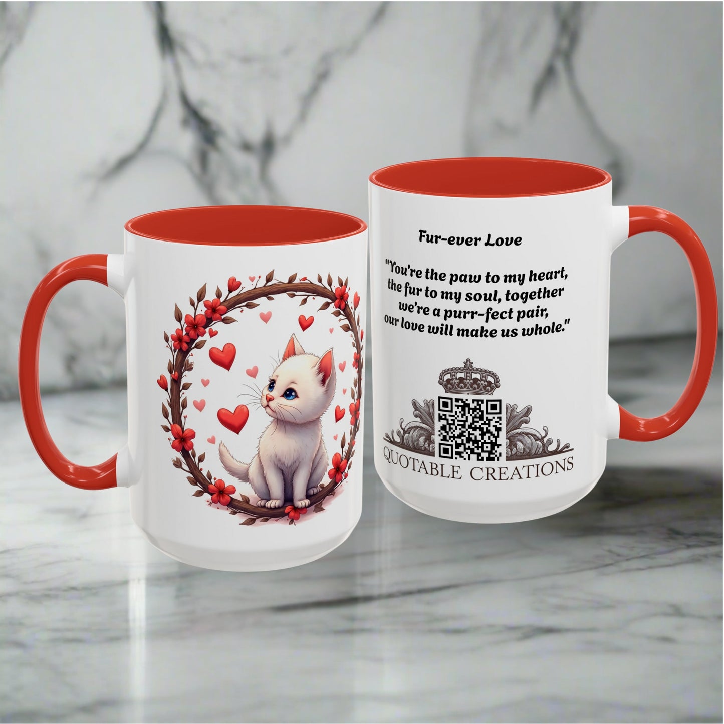 Fur-ever Love Mugs for Romantic Fun Pun Couples Adorable Pet Gift Perfect Present for Pet Lovers with Heartwarming Love Quote QR Quote Video