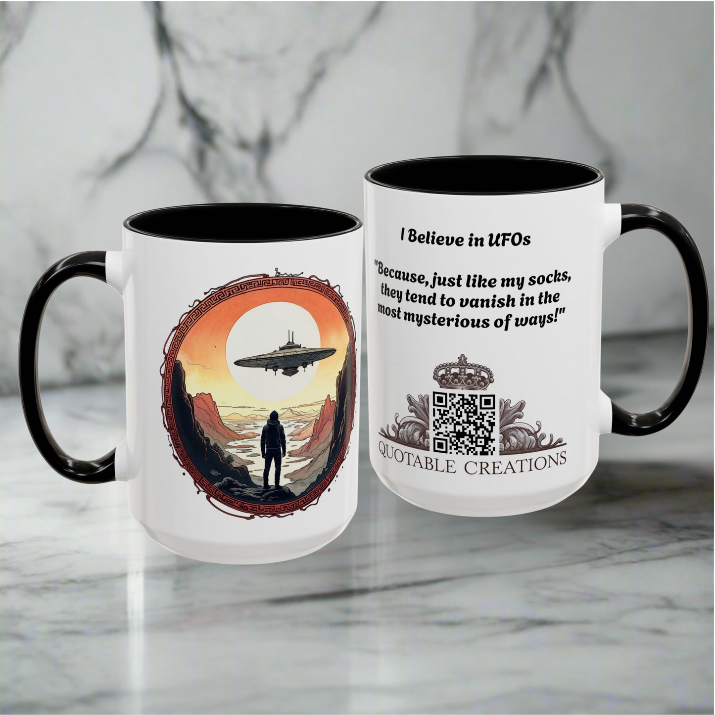 UFO Coffee Mug with Silly Missing Socks Quote for Skeptical Believers - Who Adore Unique Quirky Hilarious Alien Humor QR Code Quote Video