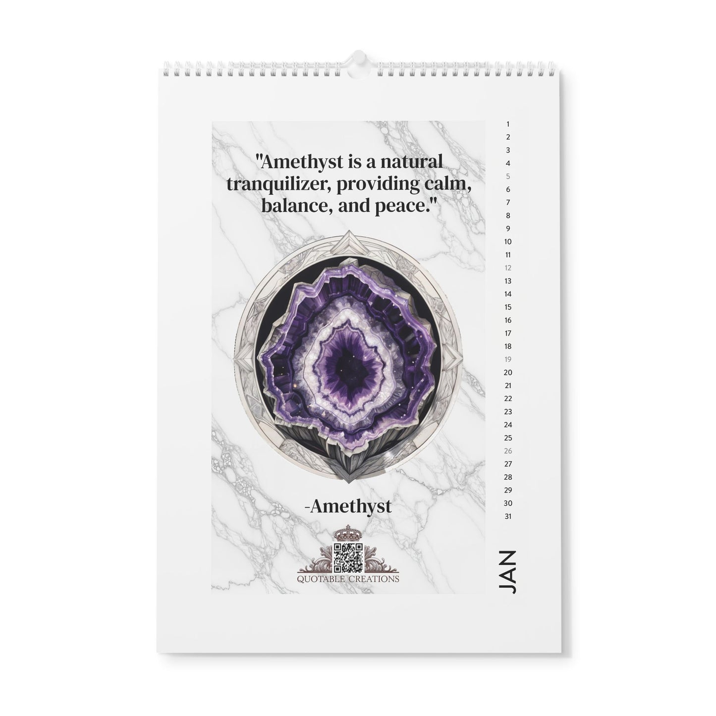 Crystals & Gemstones 2025 Vertical Calendar - 12 Inspirational Quotes with QR Codes