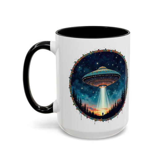 UFO Coffee Mug with Funny Cafe and Space Quotes for Coffee Lovers Who Enjoy Quirky Gifts and Humorous Alien-Themed Jokes QR Code Quote Video