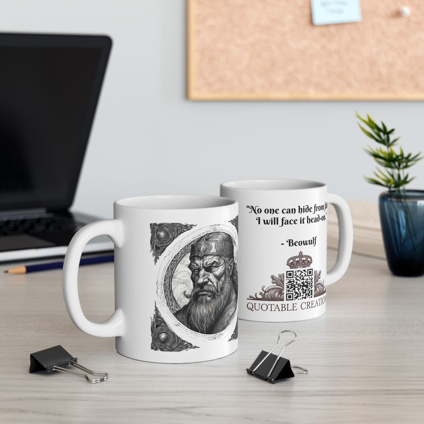 Beowulf Inspirational Quote Coffee Mug with QR Code (11, 15oz)