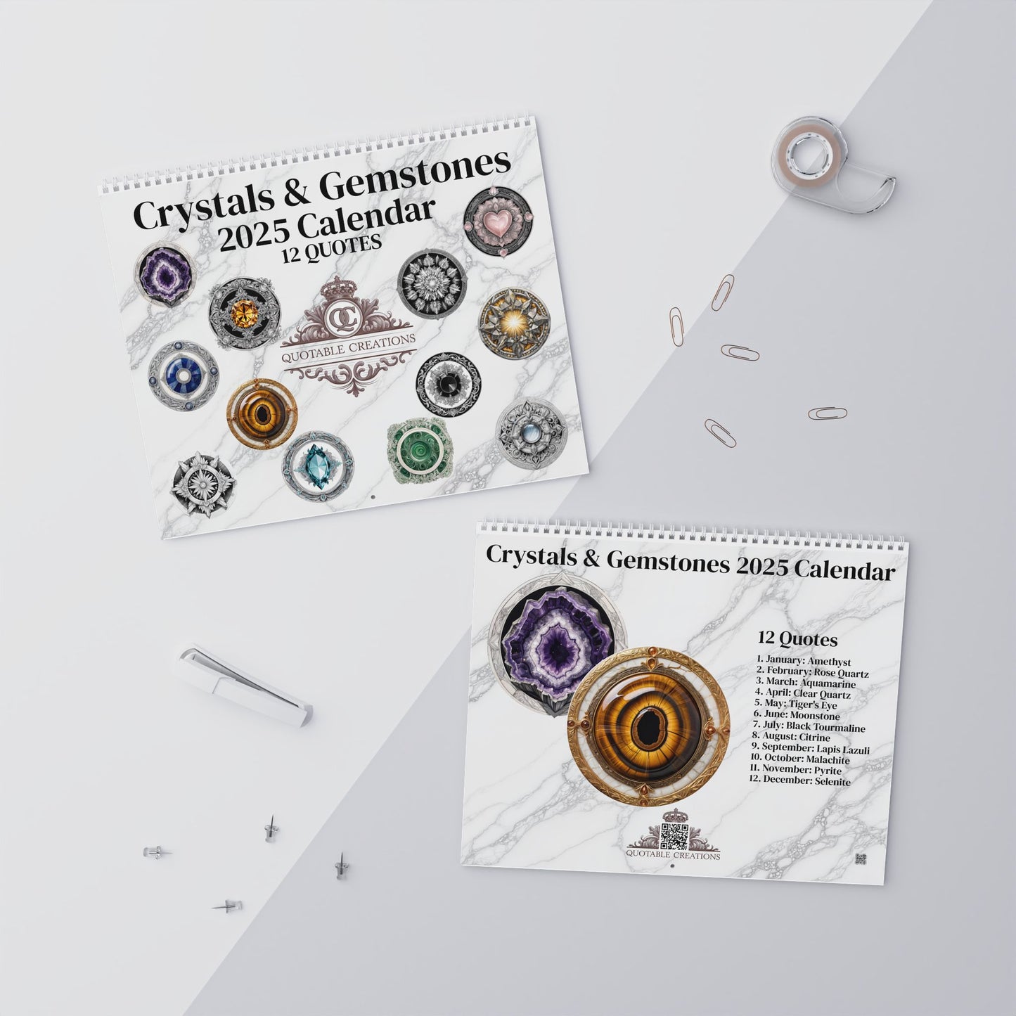 Crystals & Gemstones 2025 Calendar - 12 Inspirational Quotes with QR Codes