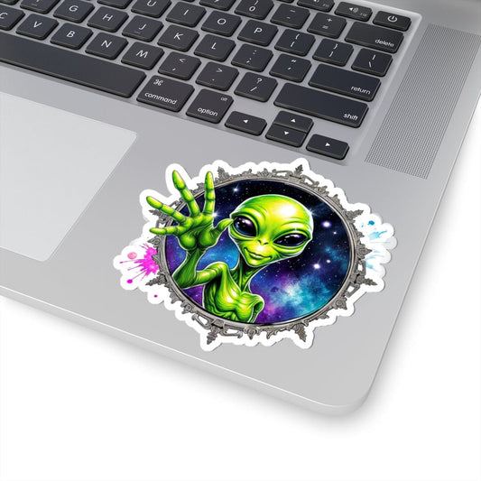 Printify Paper products 4" × 4" / White Sticker - We Come in Peace and Good Vibes! - Alien & Space Kiss-Cut