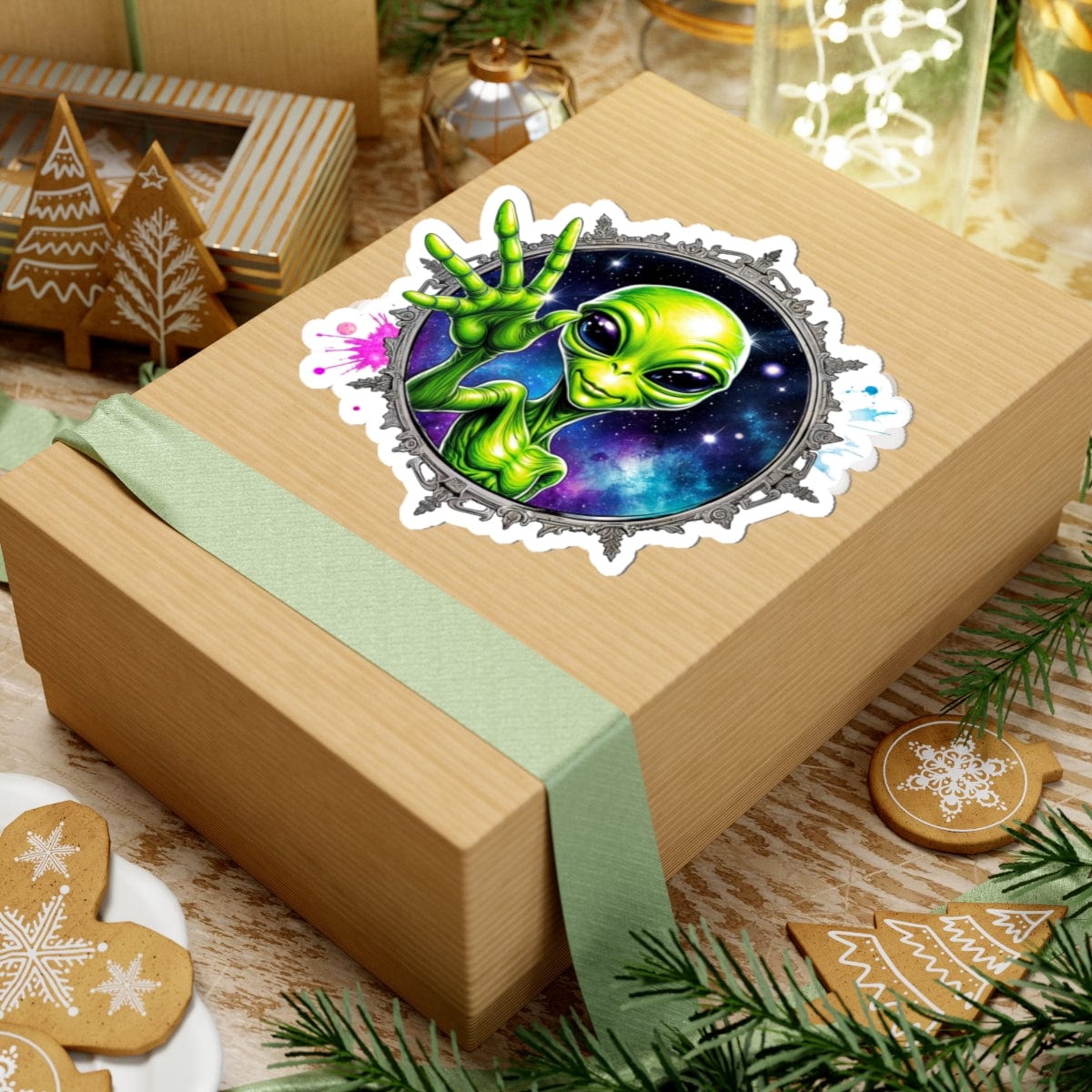 Printify Paper products Sticker - We Come in Peace and Good Vibes! - Alien & Space Kiss-Cut